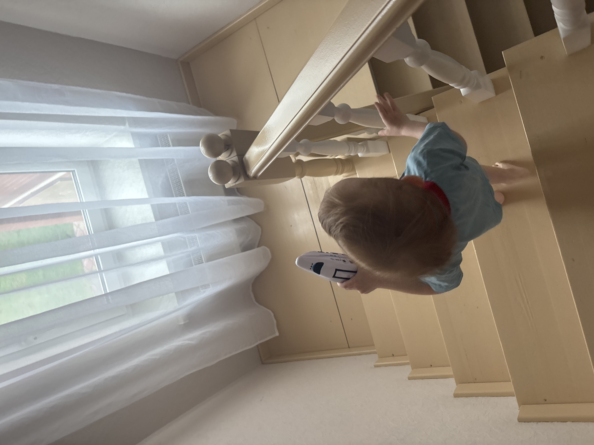 The image captures a top-down view of a young child on a wooden staircase inside a building, likely a home. The scene is illuminated by natural light, indicating it is daytime.
The subject is a child, appearing to be a toddler or preschooler, with light brown or blonde hair. They are wearing a light blue top, with a hint of red visible at the neckline, and are barefoot. The child is positioned on one of the light cream or beige wooden steps, facing downwards. Their right hand is extended, resting on or near the white balusters and matching railing of the staircase, suggesting they are either descending or pausing on the steps.
To the left of the staircase, a window is visible, adorned with sheer white curtains that diffuse the incoming light. Beyond the window, green foliage and what appears to be part of a building's roof can be seen.
In the child's left hand, they are holding a white object. This object resembles a toy train or a remote control, featuring black and blue details on its side. Small, indistinct text is visible on the toy, which could be "46. K" or "4C. MET".
The setting is an indoor residential environment, consistent with a house or apartment. The bright lighting and visible outdoor elements suggest a clear day. The activity depicts a child navigating a staircase, possibly playing with their toy. Given the provided location context, this scene is set in "Ферма, Russia."