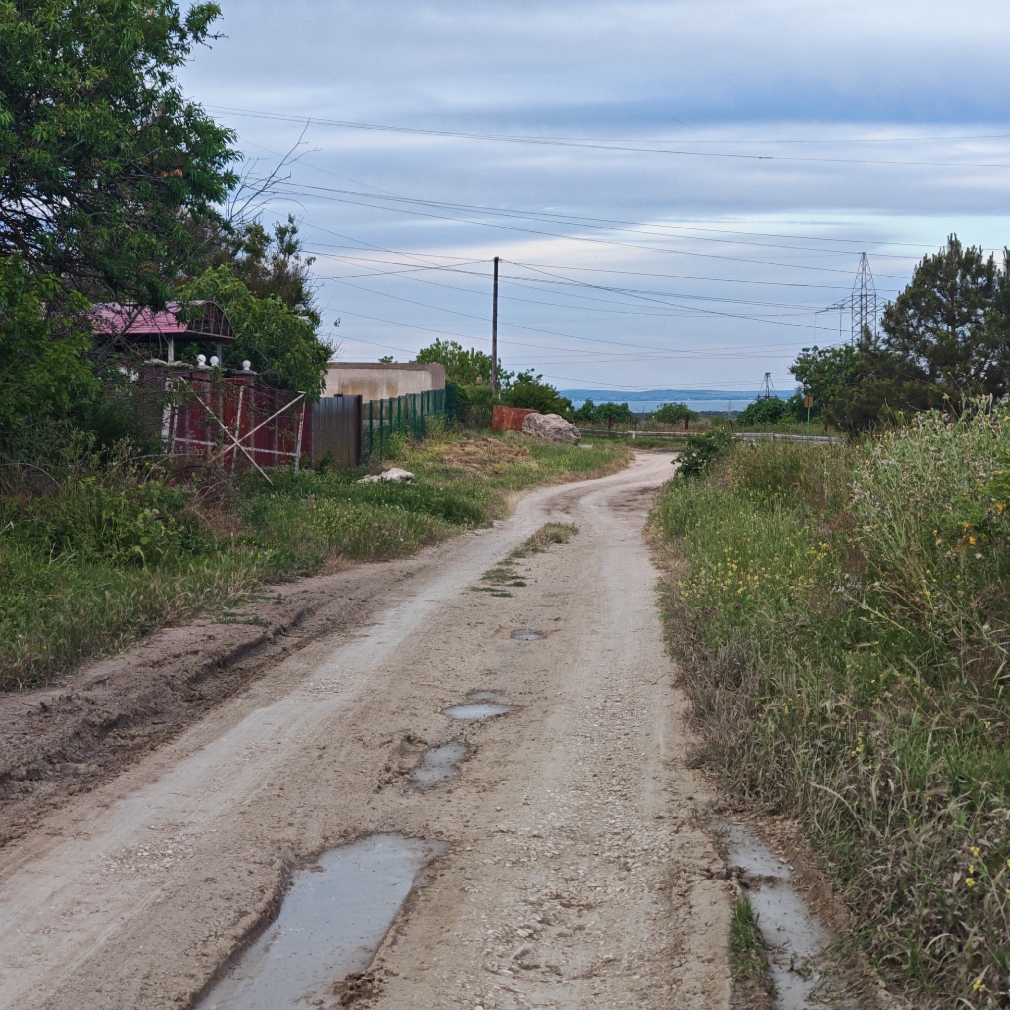 The image displays a winding, unpaved dirt road, marked by ruts and several puddles, indicating recent rain. Lush, overgrown green grass, weeds, and wildflowers line both sides of the road, with some small yellow blossoms visible on the right.
On the left side of the road, dense trees and bushes partially conceal a building featuring a reddish-pink sloped roof and a white, ornate fence or balustrade adorned with spherical white tops. A rusty red metal gate with a prominent X-brace stands nearby. Further along the left, a light green fence and another structure are visible. A large, light-colored boulder and a rusty brown metal container sit adjacent to the road on the right in the mid-distance.
In the background, a serene body of water, likely a bay or sea given the location context of Shchelkino, Ukraine, stretches towards a hazy horizon under an overcast sky. Multiple power lines traverse the sky, connected to a tall wooden utility pole and a large metal lattice transmission tower (pylon) on the right. Another, smaller pylon is visible further in the distance.
The sky is filled with layers of light grey and white clouds, suggesting a cloudy day, possibly early morning or late afternoon. No people or specific activities are depicted, portraying a quiet, somewhat rugged, semi-rural or coastal landscape. No visible text is present in the image.