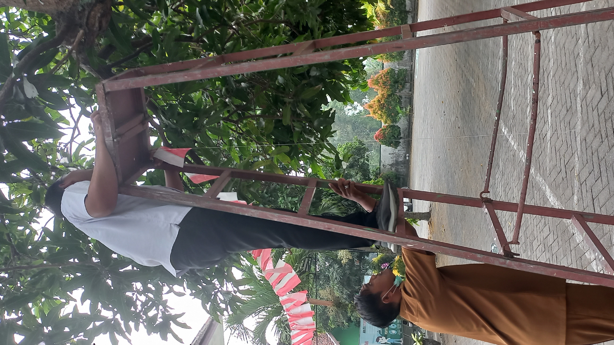 In Kayen Kidul, Indonesia, two individuals are engaged in decorating a tree with small Indonesian flags. The scene takes place outdoors, with a paved ground surface and foliage visible in the background. A man wearing a brown uniform and a face mask stands on the ground, looking up at another man. The second man, dressed in a white shirt and black pants, is positioned on a tall, red, A-frame ladder, reaching up to attach the flags to the tree branches. The ladder appears to be made of metal and is in a state of moderate disrepair. String is also visible, possibly used for hanging decorations. The background includes a building with red and white banners, and several decorative trees. The overall lighting suggests an overcast or early morning/late afternoon setting.