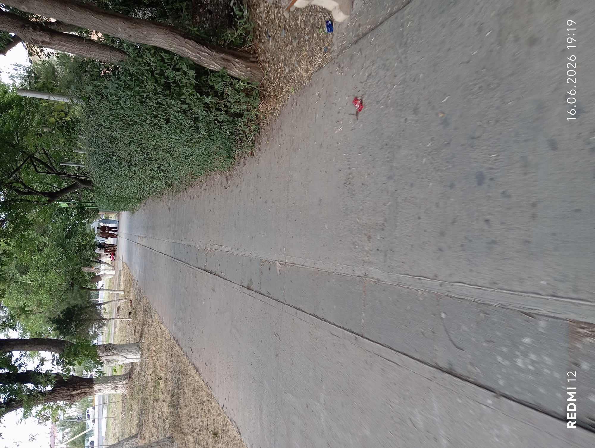 The image depicts a paved walkway in Bekabad, Uzbekistan, lined with trees and a dense green hedge. In the distance, several individuals are walking along the path, one pushing a red stroller. The ground is dry and shows signs of wear. There is a red candy wrapper on the walkway. The scene is captured in natural lighting. The bottom of the image includes a watermark "REDMI 12" and a date stamp "16.06.2026 19:19".