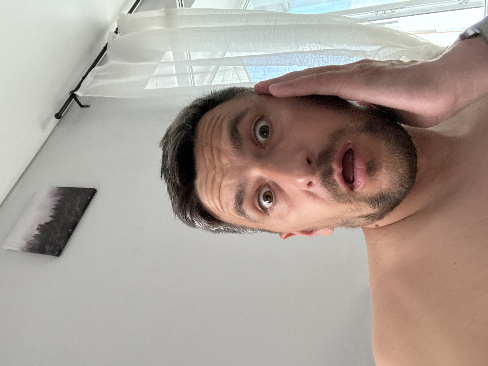 The image shows a shirtless man with a surprised expression, his hand touching his forehead. He has short, dark hair with some graying at the temples and a trimmed beard. The background includes a white wall with a small rectangular artwork depicting a landscape, sheer white curtains, and a window with a glimpse of the sky. The location is inside a room, with no other city information known.