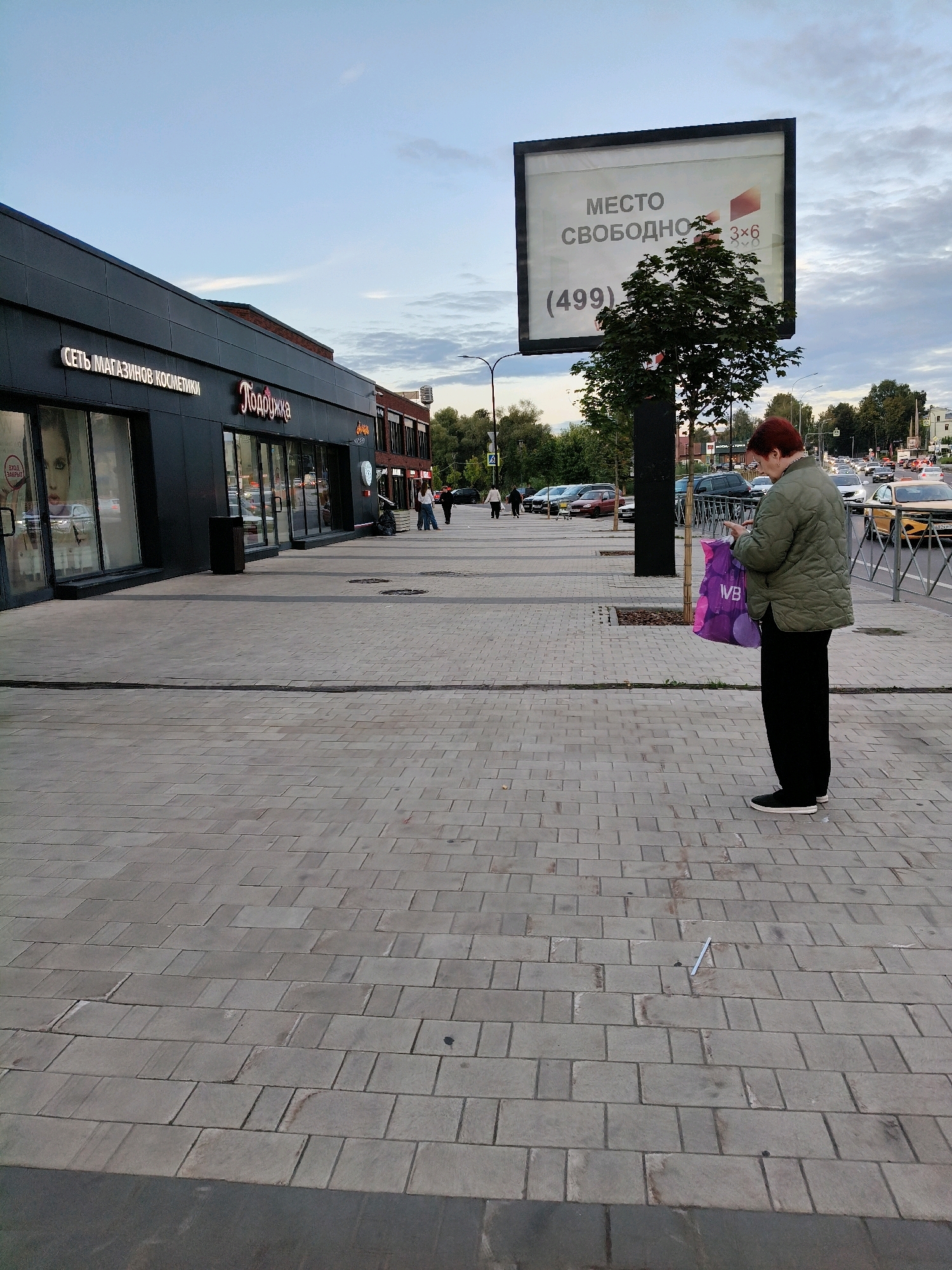 A woman with short red hair, wearing a green jacket and black pants, stands on a paved sidewalk, looking at her phone. She is holding a purple shopping bag with the letters "WB" on it. Behind her, a billboard reads "MESTO SVOBODNO 3x6 (499)". To her left is a dark-colored building with signs in Russian. In the background, cars are driving on a street. The sky is overcast.