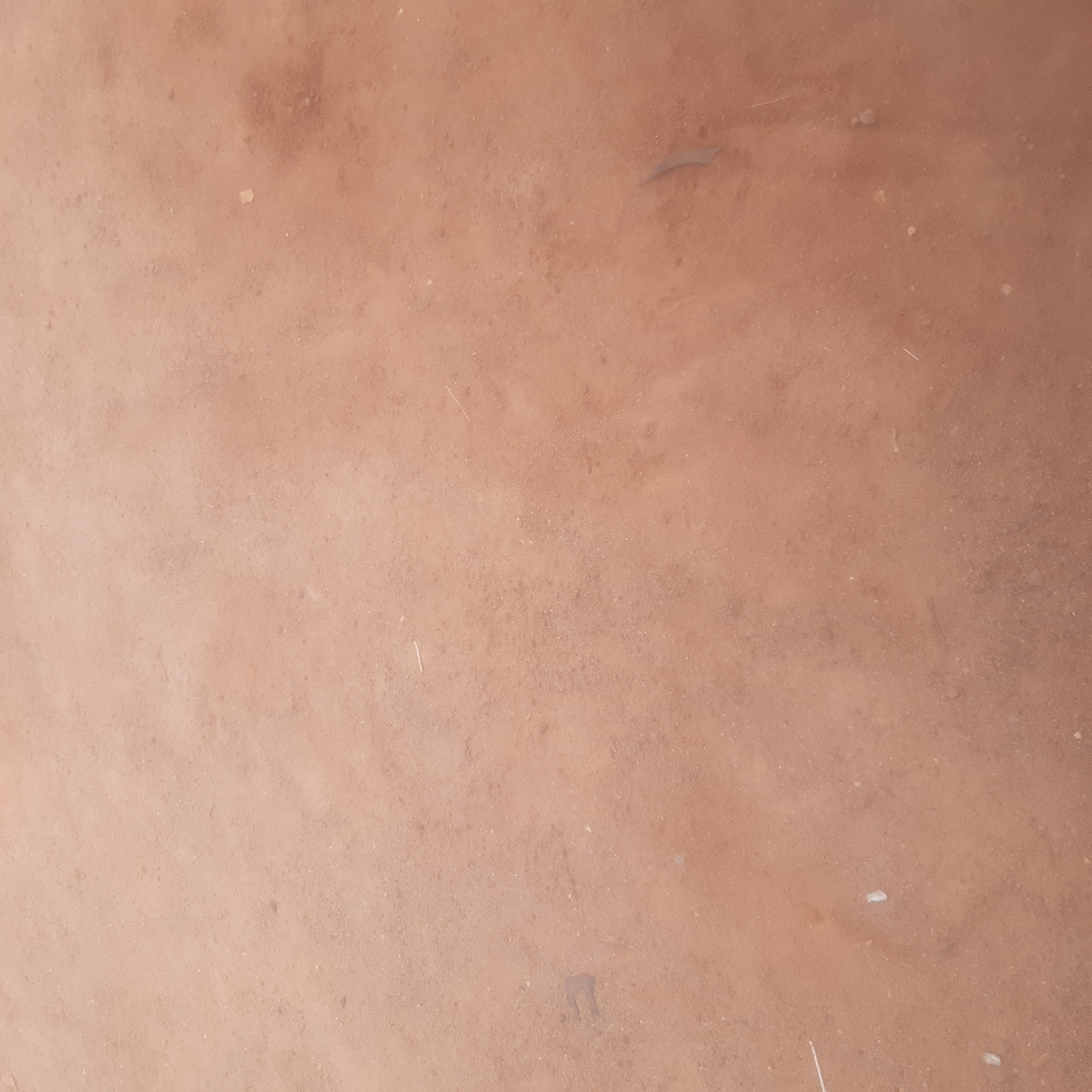 The image displays a close-up, top-down view of a reddish-brown, dusty ground surface. The surface appears to be soil or packed dirt, with visible small pebbles and variations in color, suggesting a natural or unpaved outdoor environment. There are a few scattered thin, light-colored debris items, possibly dry grass or small twigs, and a few very small white specks. The lighting suggests it is daytime, with soft shadows. The scene is devoid of any discernible human presence or activity, and no specific landmarks or recognizable features of Jos, Nigeria are present. The image is a generic depiction of a dry, dusty ground.