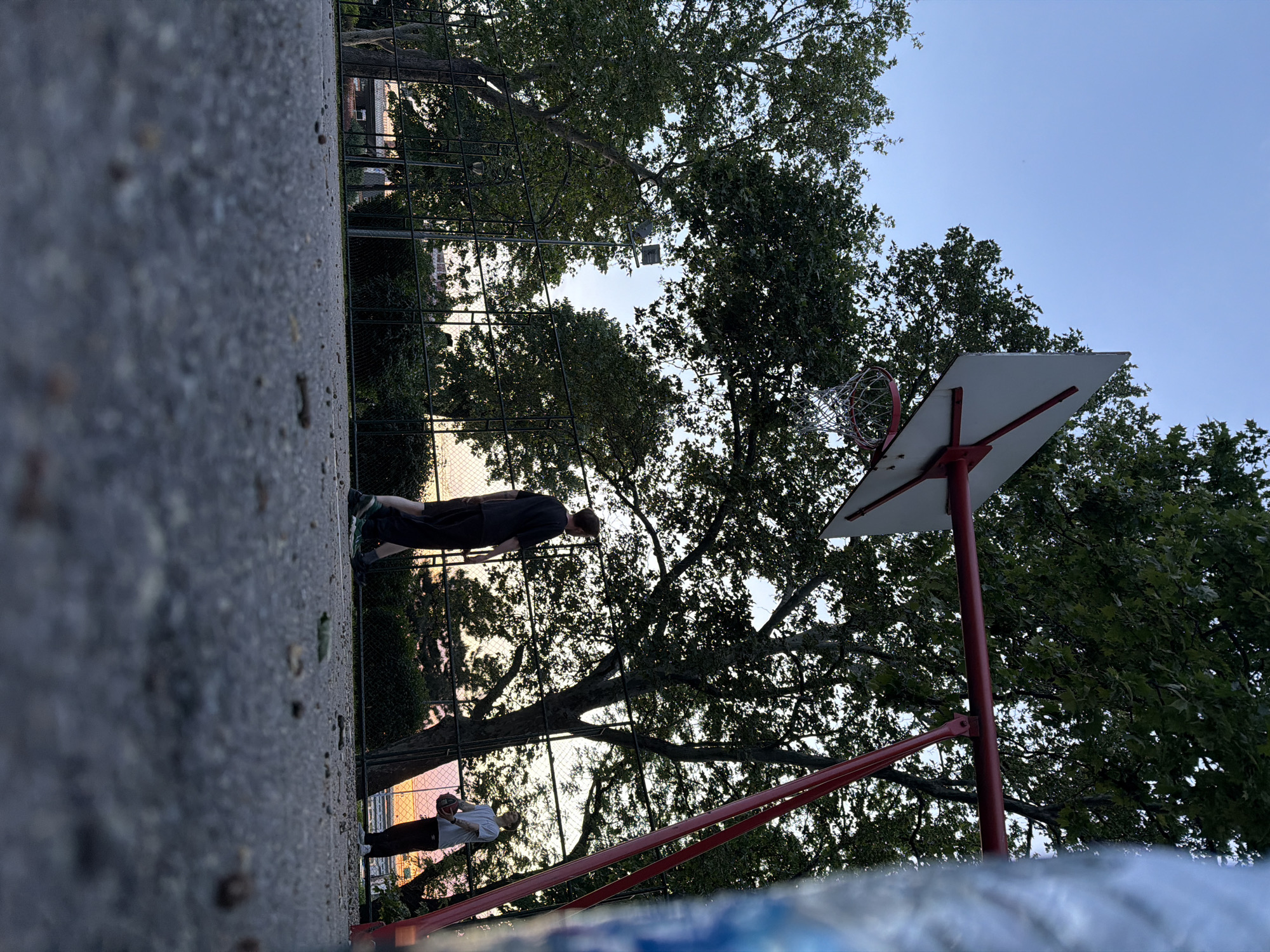 The image depicts an outdoor basketball court in Belgrade, Serbia. The court is surrounded by a fence and mature trees. Two individuals are present. One individual is standing near the fence, while the other is holding a basketball. A basketball hoop is visible near the trees. The court surface is made of asphalt. It appears to be dusk.