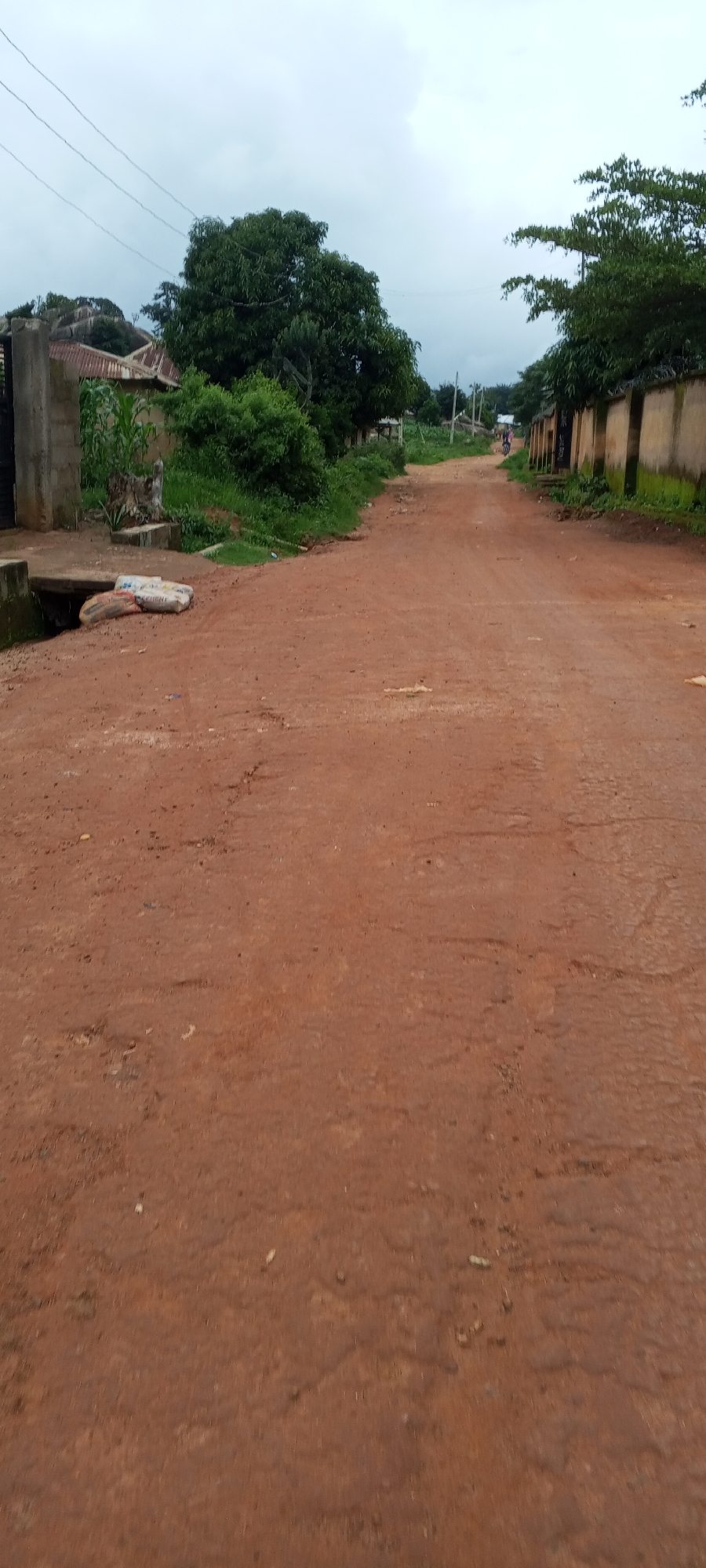 The image depicts a dirt road in a village setting, possibly in Ohit, Nigeria. The road is reddish-brown and appears unpaved, with some loose gravel and a few patches of hardened surface. On the left side of the road, there are bags of cement piled near a drainage culvert, indicating construction or repair work. Beyond the road, there are residential structures with corrugated iron roofs, lush green vegetation, and trees. In the distance, a few people can be seen on a motorcycle, traveling along the road. The sky is overcast, suggesting a cloudy day. The overall scene conveys a sense of a rural or semi-urban environment.