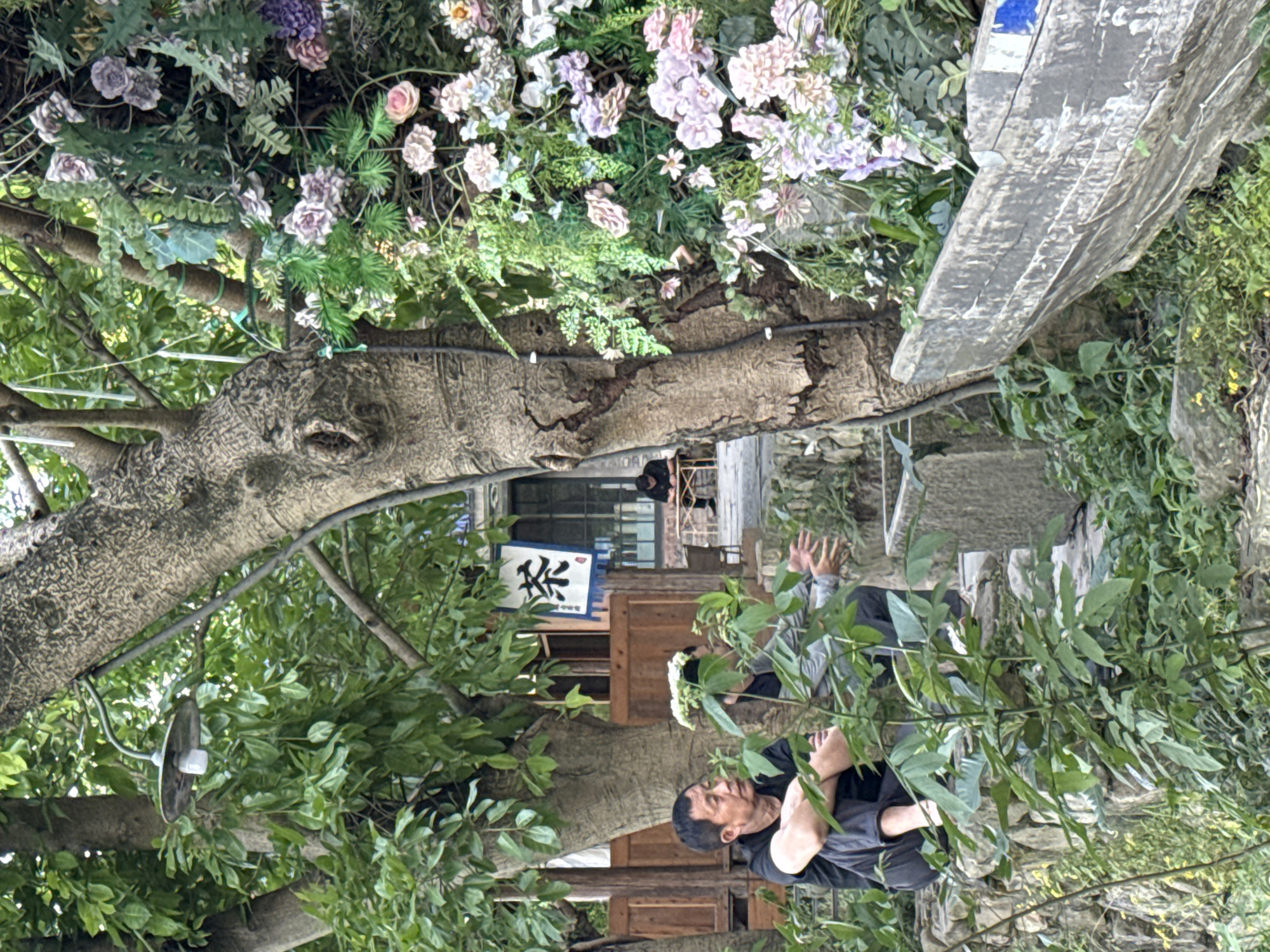 A sideways shot of a man, an elderly gentleman seated in the distance, and a building with Asian characters on a sign. The man in the foreground is leaning against a tree and has his arms crossed. He is wearing a black t-shirt. The Asian characters are on a white sign with a blue border hanging off the building. The tree has flowers and green foliage attached to it.