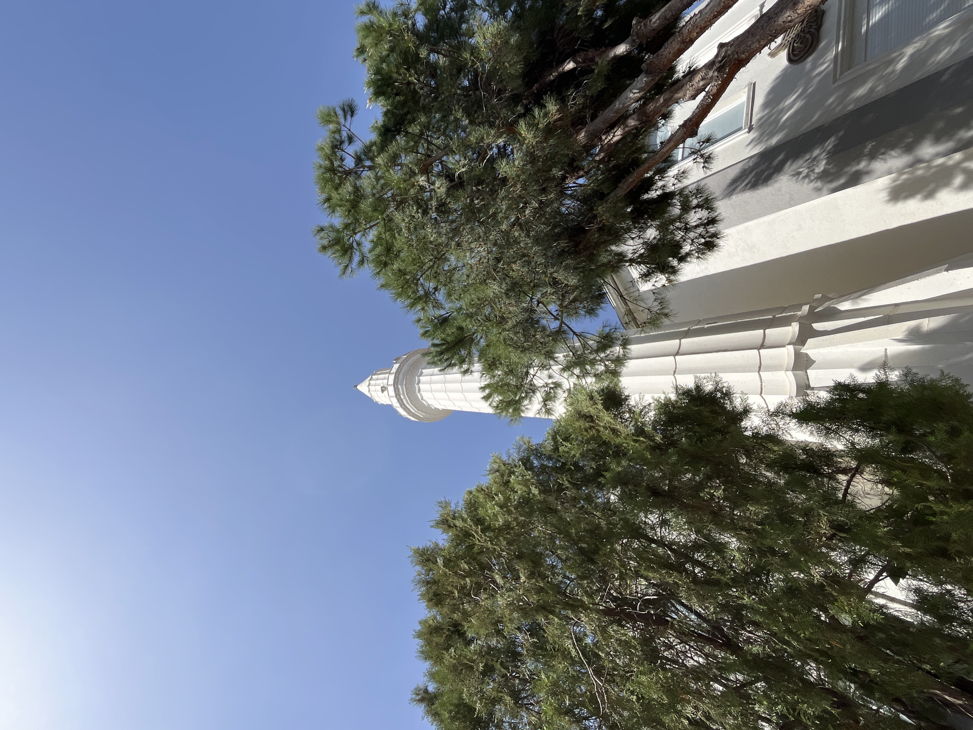 The image shows a low-angle view of a minaret towering against a clear blue sky in Alanya, Turkey. The minaret is painted white, with visible architectural details near its top. Two trees, one with pine-like needles and the other with denser foliage, frame the minaret on either side. A white building partially obscured by the trees, with visible windows and architectural moldings, stands adjacent to the minaret. Light suggests it's daytime.
