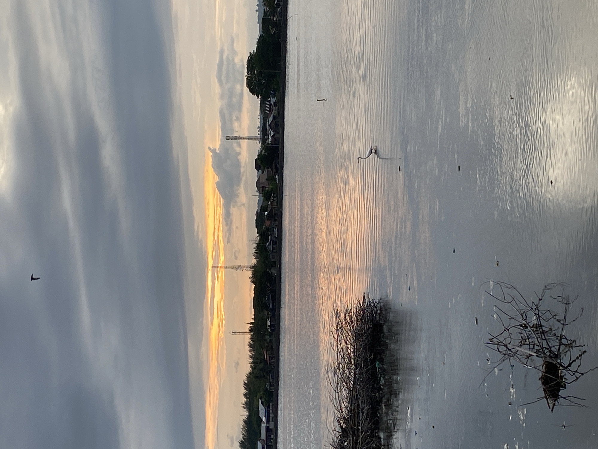 A tranquil landscape captured at either sunrise or sunset in Lhokseumawe, Indonesia, features a wide body of water reflecting the dramatic sky. The horizon glows with a warm, golden-orange light, indicative of the sun's low position, which is mirrored vibrantly on the water's surface, creating shimmering streaks.
In the mid-ground, a lone white bird, likely an egret or heron, stands gracefully in the shallow water, its reflection visible beneath it. Nearby, a cluster of dark, bare branches or debris floats partially submerged. Across the water, a distant shoreline reveals a mix of dense trees and various buildings, interspersed with at least two tall, slender structures that resemble communication towers or industrial chimneys.
The upper portion of the sky is dominated by an expanse of soft gray and white clouds. Against this cloudy backdrop, a small, dark bird is captured in flight in the upper left quadrant of the image. The overall scene evokes a sense of peace and natural beauty at dawn or dusk. There is no visible text in the image.