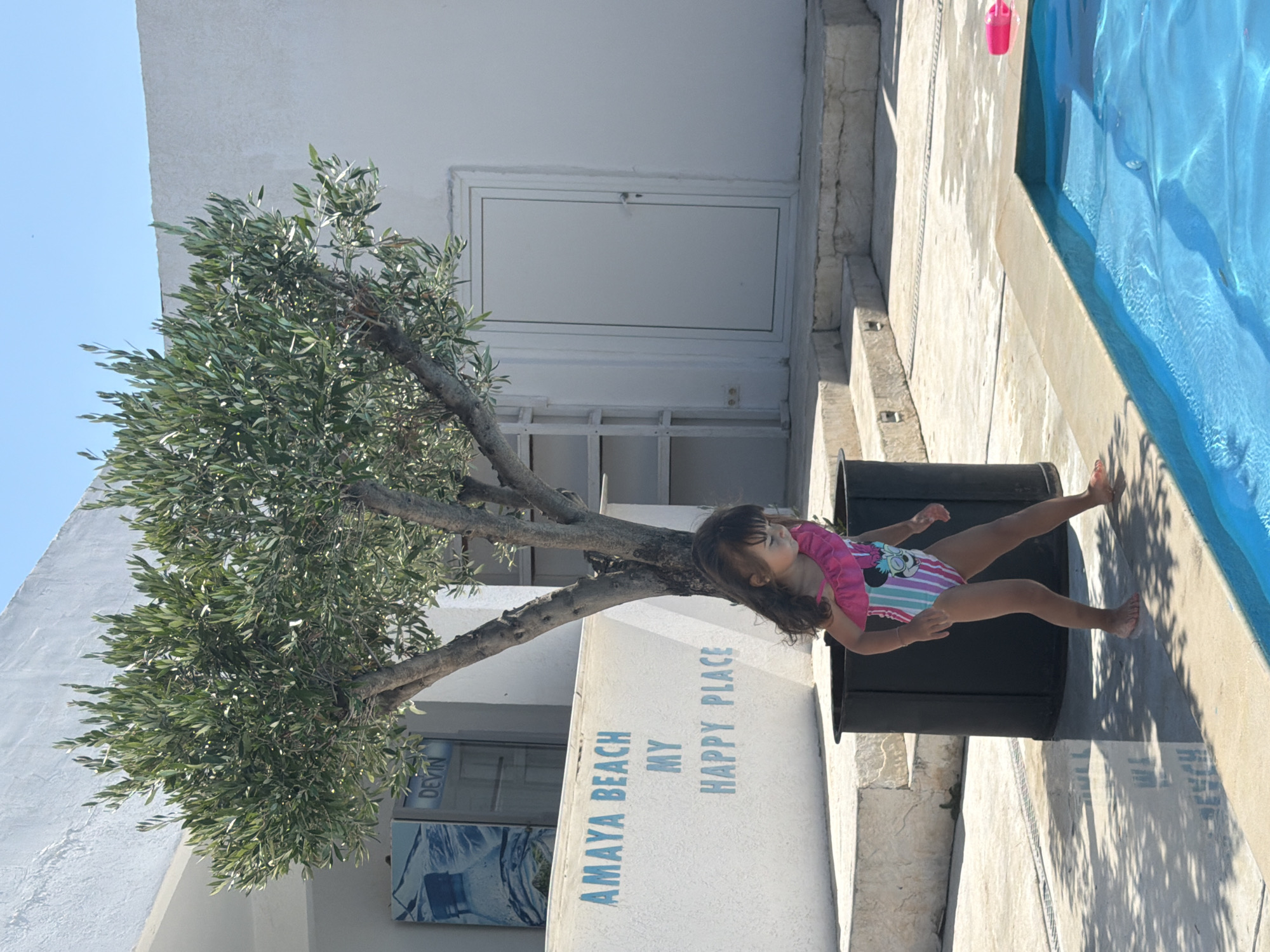 An outdoor scene at "Amaya Beach, My Happy Place" in Burgas, Bulgaria, features a young girl standing near a swimming pool. The girl, wearing a pink and striped swimsuit with a Minnie Mouse design, is positioned on a concrete surface, her bare feet visible. She is looking down and appears to be in motion, possibly about to enter the pool. To her left, an olive tree stands in a large black planter. Behind the tree, a white building with a textured facade is visible, displaying signage that reads "AMAYA BEACH MY HAPPY PLACE" in blue lettering. Another sign with images of water bottles and the word "DEVIN" is also present on the building. A white door with a silver handle is set into the building's wall. The swimming pool, filled with bright blue water, occupies the foreground and right side of the image, with a light-colored coping. A pink watering can is partially submerged in the pool. The ground around the pool is made of concrete, with some stone steps leading up towards the building. Sunlight casts shadows on the concrete, indicating a bright, sunny day.