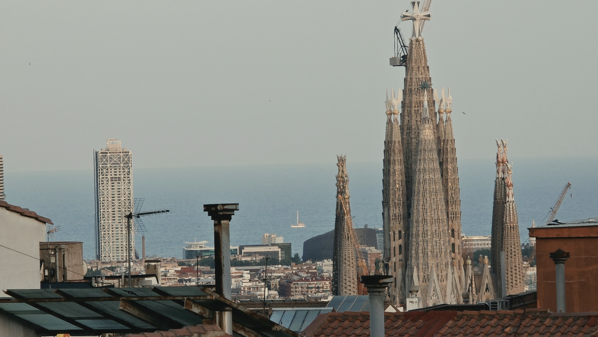 This image captures a cityscape, likely Barcelona, Spain, featuring the iconic Sagrada Familia basilica prominently in the foreground. The basilica's intricate Gothic spires dominate the right side of the frame, with a large crane visible on top of one of the spires, indicating ongoing construction. To the left, a modern, white high-rise building with a lattice-like structure stands tall against a hazy blue sky and the calm expanse of the sea. In the mid-ground, a cluster of red-tiled roofs and buildings forms a dense urban landscape. A white sailboat is visible on the water in the distance, adding a touch of nautical activity. The foreground is partially obscured by the rooftops and chimneys of closer buildings, suggesting an elevated viewpoint from another part of the city. The overall lighting suggests it may be late afternoon or early morning, with soft, diffused light bathing the scene.