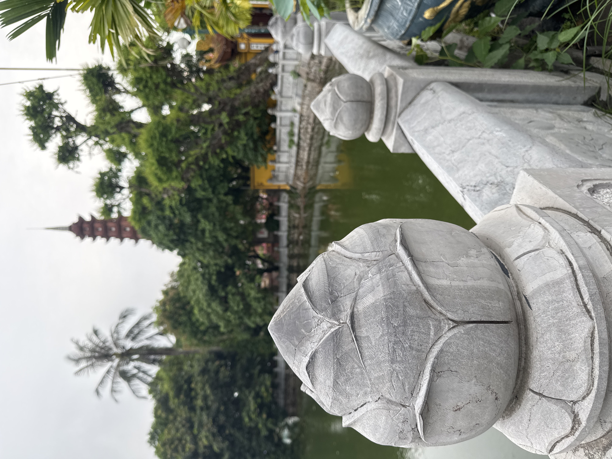 This is a medium shot, vertically oriented photograph of a stone carving in the foreground, with a serene pond and a distant pagoda in the background. The stone carving, made of grey stone, is sculpted to resemble a lotus bud with visible veins etched into its surface. It is positioned on the right side of the frame, with another similar carving just visible behind it. The stone appears weathered, with a textured surface.
Beyond the carving, a calm, green pond reflects the surrounding lush greenery. In the middle ground, a low-lying structure with yellow walls and white architectural details is partially obscured by trees. To the left of this structure, a tall, multi-tiered pagoda with a reddish-brown hue rises above the trees, its pointed spire reaching towards the overcast sky. A palm tree with fronds is also visible, its silhouette stark against the pale sky, suggesting a tropical or sub-tropical climate. The overall scene suggests a tranquil setting, likely a temple or garden complex, given the presence of the pagoda and the pond. The lighting is soft and diffused, indicating either early morning, late afternoon, or an overcast day. No people are visible in the frame. No text is discernible. The image appears to be taken in Hà Nội, Vietnam, given the architectural style of the pagoda and the presence of tropical vegetation.