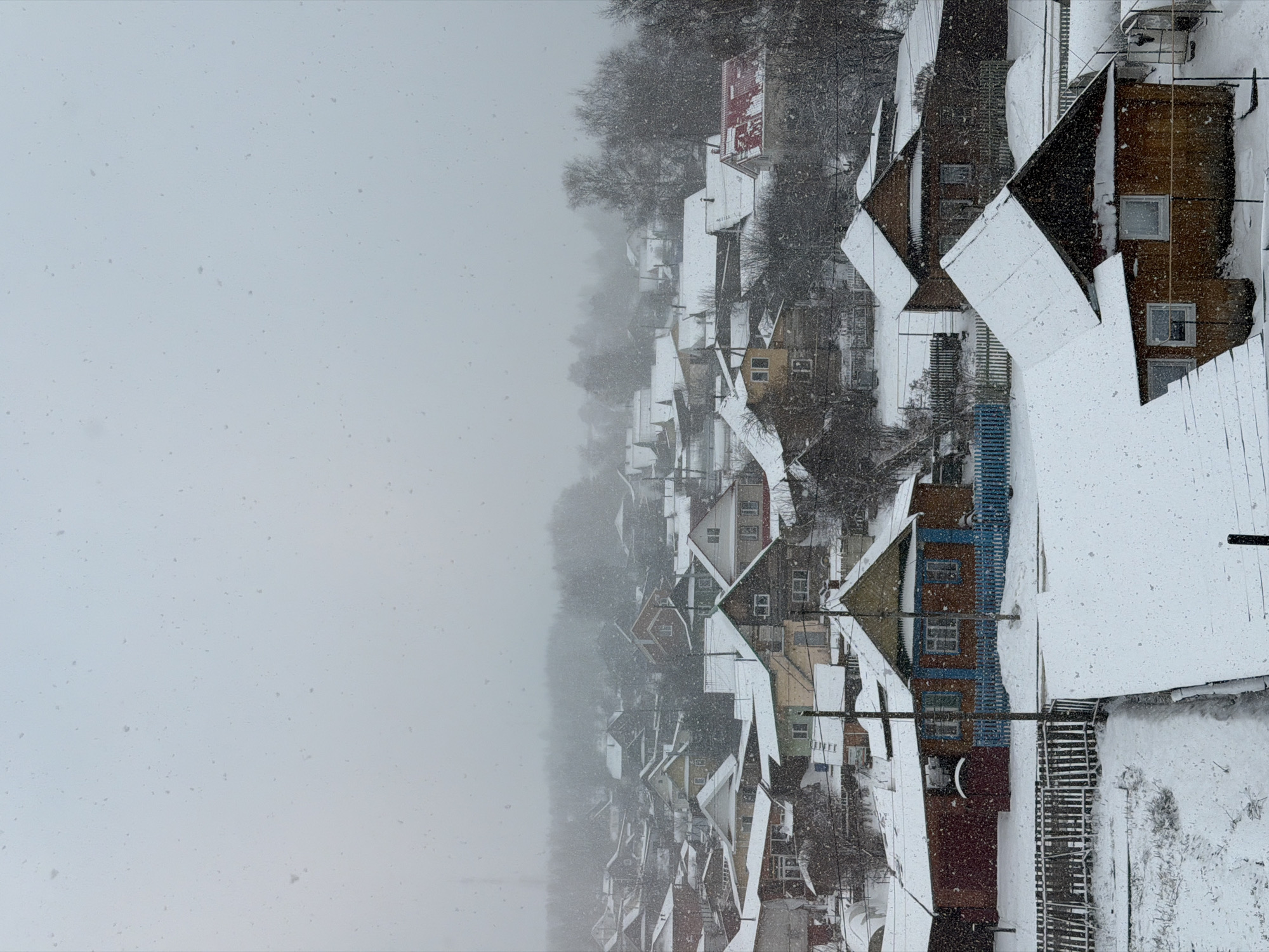 The image shows a neighborhood in Chaikovsky, Russia during a heavy snowfall. Rows of houses with pitched roofs are heavily coated in snow, with some fences and vegetation also visible. The sky is completely obscured by falling snow, creating a grey, overcast atmosphere. Houses of different colors: red, yellow, blue and brown. There is no visible human activity.