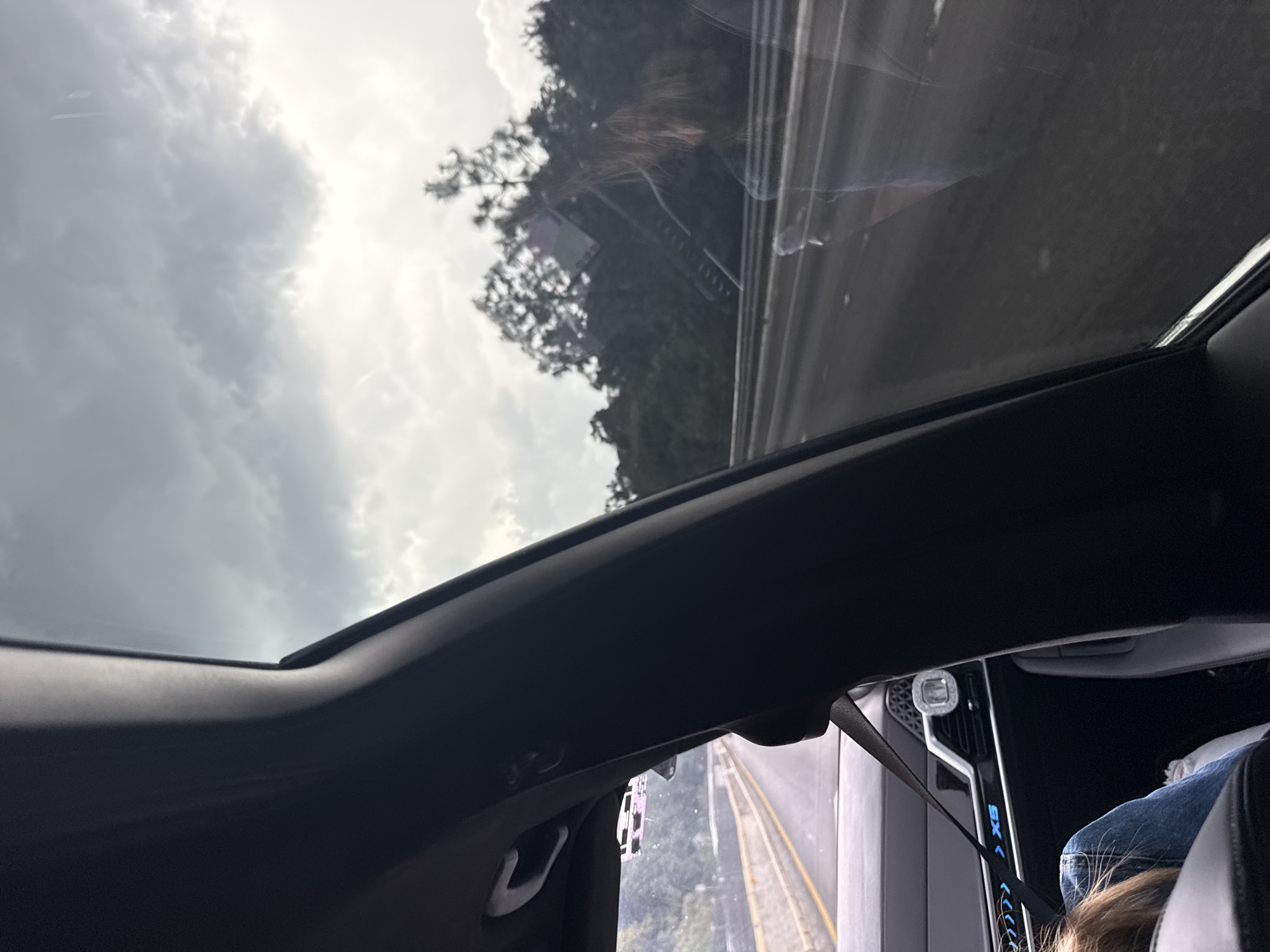 The image is taken from inside a vehicle, likely a car, with a focus on the view through the sunroof. The sky is cloudy, with grey and white tones dominating the upper portion of the frame. Outside, a stretch of road is visible, flanked by trees and vegetation, suggestive of a rural or suburban area. The image may include a small part of the city Río Frío de Juárez but is difficult to ascertain its location without additional landmarks.
Inside the car, parts of the dashboard and interior trim are visible. A person is sitting in the passenger seat. The car is likely in motion. The overall atmosphere is overcast and could potentially be rainy.