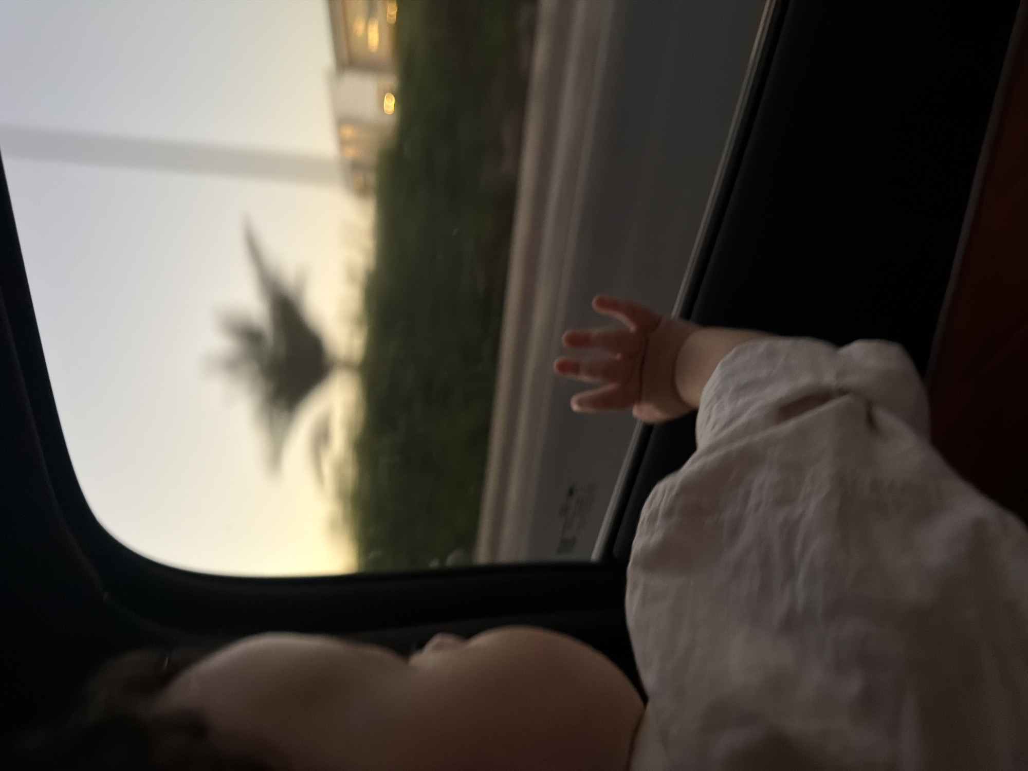 A baby is looking out of a car window in Sharm El Sheikh, Egypt. The baby is wearing a white shirt and has a hand pressed against the window. The sun is setting and casting a warm glow on the scene. In the background, there is a palm tree and some buildings. The car is likely on a road, as there is a road visible outside the window. The overall mood of the image is peaceful and contemplative.