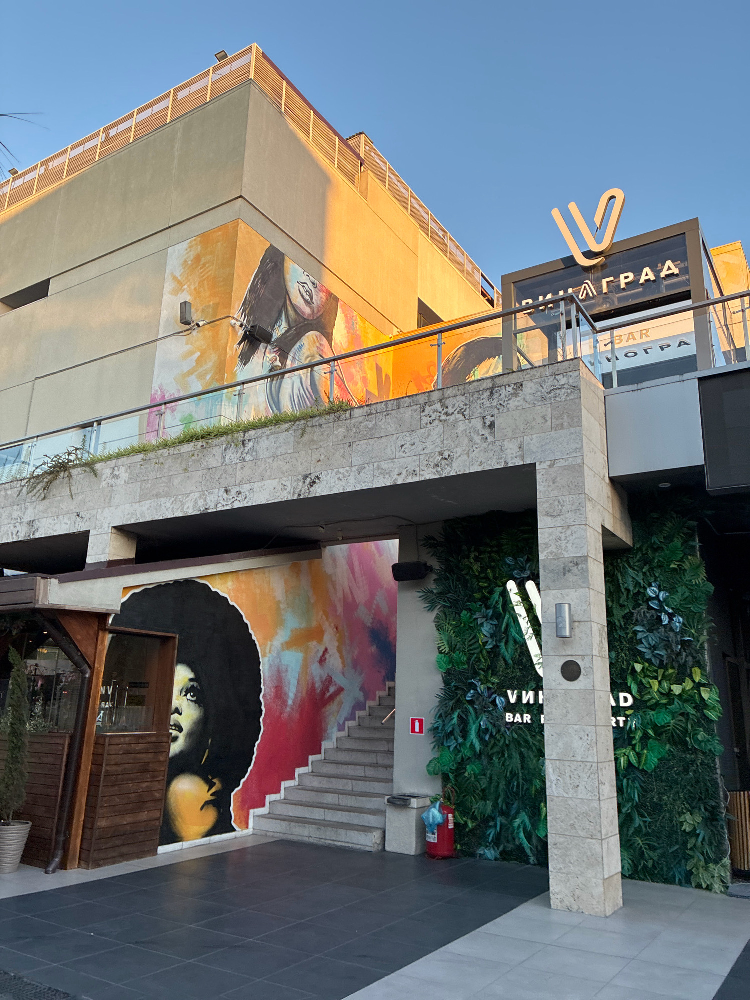 The image shows the exterior of a building with a mural. A large, colorful mural of a woman with an afro is painted on the lower left side of the building. Next to the mural is a staircase leading up to the next level. A vertical structure with greenery and a sign that reads "VINOGRAD BAR & RESTAURANT" is visible on the right side of the building. The building appears to be located in Sochi, Russia, as indicated by the sign which is in Cyrillic. The sky is clear and blue, suggesting it is daytime. The sunlight is casting shadows on the building, indicating it might be late afternoon or early morning.