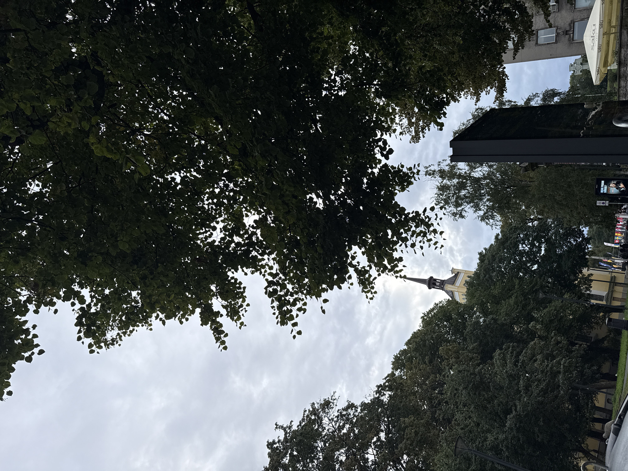 The image shows a view upwards towards a cloudy sky, with the dark green canopy of trees dominating the foreground. In the background, peeking through the trees, is the distinct steeple of St. Charles' Church (Püha Tõnu kirik) in Tallinn, Estonia. The church is a prominent yellow structure with a dark, pointed spire. To the right of the church, a modern, dark, rectangular structure stands prominently, reflecting the surroundings. Further to the right, a portion of a residential building with windows is visible. The overall scene depicts an urban environment with a mix of historical architecture and modern elements, partially obscured by lush greenery.