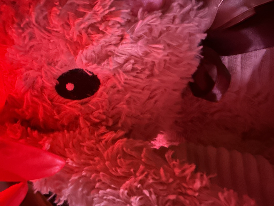A close-up image displays a pink, fluffy stuffed animal, likely a rabbit, intensely illuminated by red light. The subject occupies the majority of the frame. A single round, black eye with a small white specular highlight is visible on the right side of the stuffed animal's head. The plush fur texture is prominent across the surface due to the strong red illumination. A glossy red bow or similar accessory is partially visible in the upper left portion of the frame. A darker, possibly maroon or brown, satin ribbon or bow is visible near the bottom right. The immediate background details are indistinct due to the close proximity of the subject and the overwhelming red lighting. No people or specific actions are discernible. The precise location within the city of Unknown, Unknown cannot be determined from the provided image.
