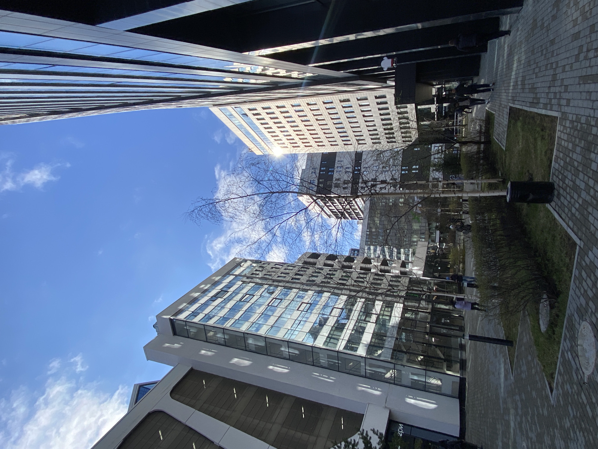 The image captures a modern urban landscape in Yekaterinburg, Russia, under a bright, clear blue sky with scattered white clouds. The perspective is looking upwards from ground level, showcasing several tall, contemporary buildings.
In the foreground and mid-ground, a prominent bare-branched tree, possibly a birch, stands centrally, its dark branches reaching towards the sky. Surrounding it are paved walkways made of light grey and reddish-brown rectangular tiles, interspersed with small patches of green grass and low bushes. A dark cylindrical trash bin is visible near the base of the tree.
Several modern architectural structures dominate the scene. On the left, a sleek building features reflective glass panels and distinctive white, angled facade elements on its lower sections. In the background and to the right, another large building has numerous uniformly arranged rectangular windows, with sunlight reflecting brightly off its surfaces. Further back, more high-rise structures with dark-framed windows are visible, creating a dense urban backdrop. The buildings' glass facades reflect the blue sky and surrounding architecture.
A few individuals are seen walking casually along the paved paths in the mid-ground, dressed in dark clothing. They appear to be pedestrians going about their day. The bright sunlight and lack of heavy shadows suggest it is daytime, possibly late morning or early afternoon.
In the lower right corner, on a white building facade, a partial Cyrillic word, "идя," is visible, likely part of a larger sign. The overall atmosphere is bright and bustling, indicative of a vibrant city environment.