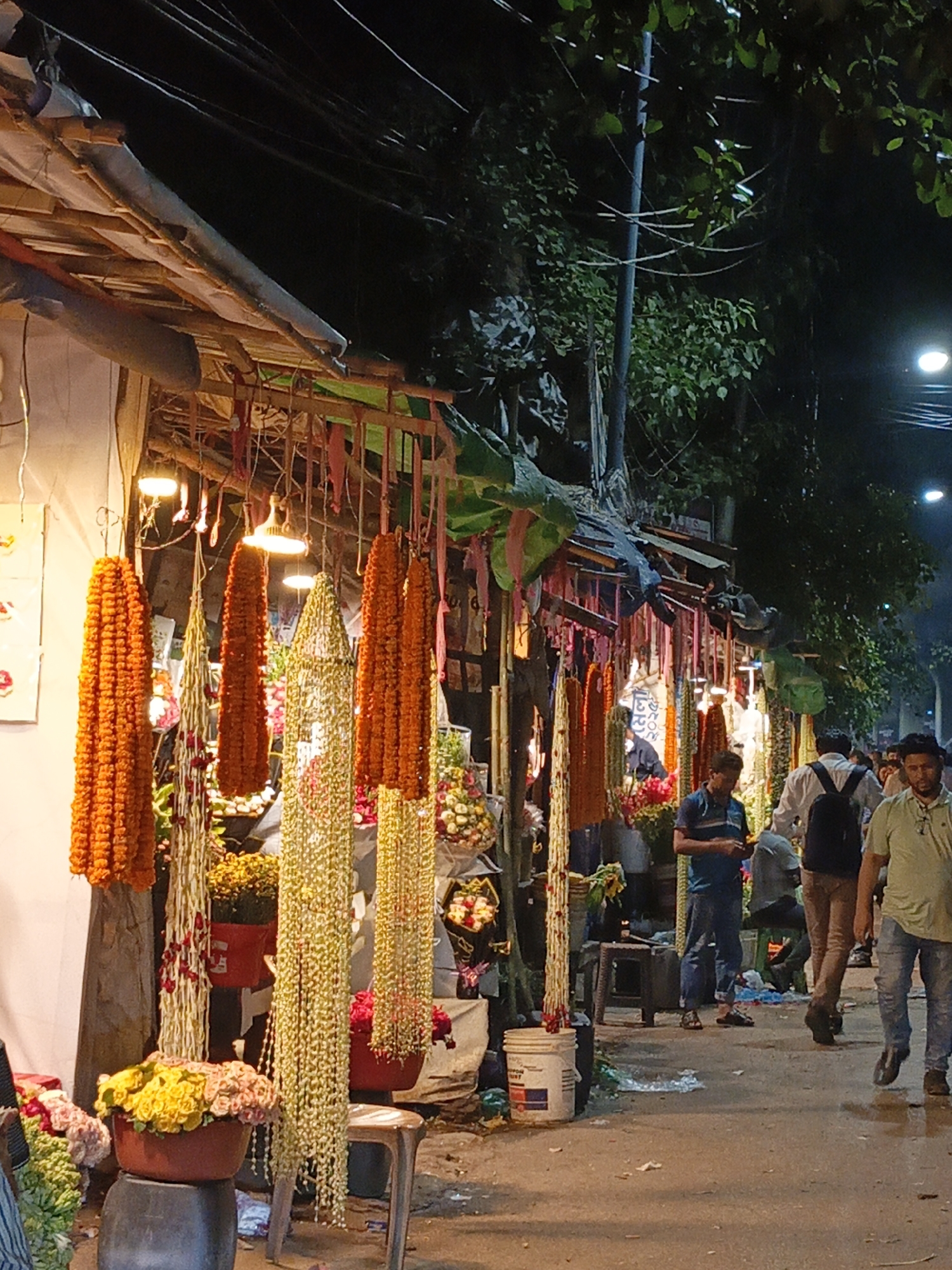 The image depicts a bustling flower market scene in Dhaka, Bangladesh, captured at night.
Several stalls are lined up along a street, selling a variety of flowers and flower garlands. The stalls are illuminated by overhead lights.
Hanging from the roofs of the stalls are long, colorful garlands. Bunches and bouquets of flowers are arranged in pots and displayed.
Several people are present, some walking along the street, others seemingly browsing or interacting with the vendors at the stalls. A few are dressed in casual attire, including jeans and t-shirts. The environment is typical of a busy urban street at night, with street lighting and trees in the background.