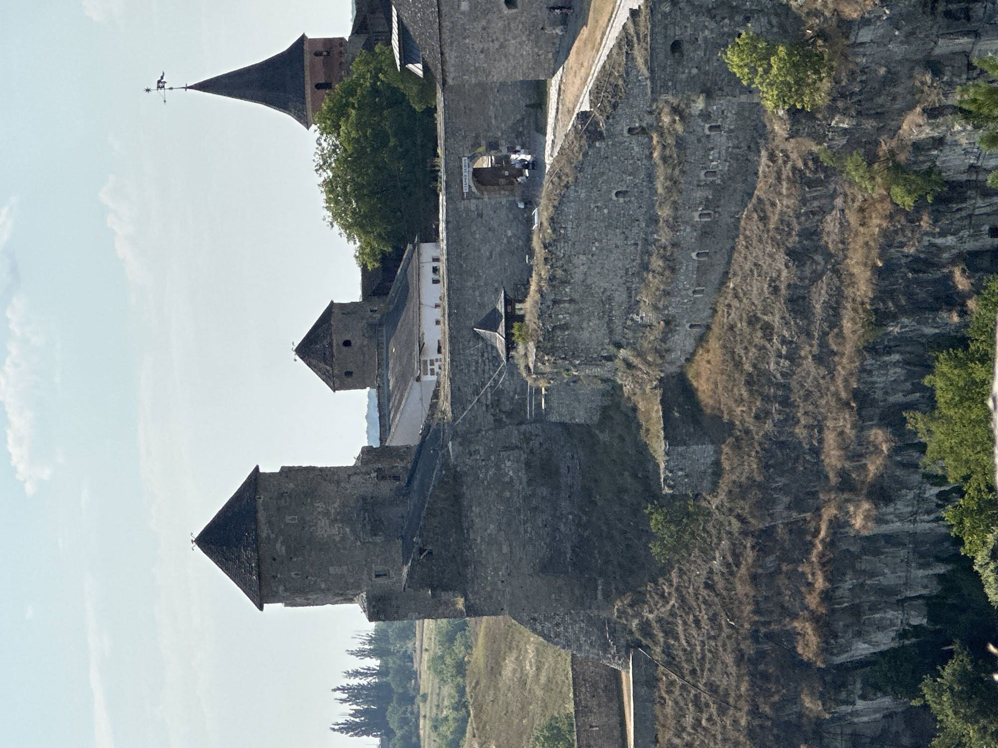 This is a medium-shot, eye-level, daytime, exterior photograph of the Kamianets-Podilskyi Castle in Kamianets-Podilskyi, Ukraine. The castle is constructed of grey stone and features several prominent towers with conical roofs. The largest tower, on the left of the frame, is a cylindrical structure with a dark, sloped roof. To the right of this tower, another, smaller, round tower is visible, also with a conical roof. Further to the right, a taller, brick tower with a dark, pointed roof and a weather vane stands out against the sky.
A stone wall surrounds the castle, with an arched entranceway visible in the center-right of the image. Several people are seen walking through this entrance. The castle is situated on a rocky, overgrown hillside, with dry grass and sparse vegetation covering the slopes. The foreground is dominated by the rugged cliff face and the stone fortifications built into it. In the background, a line of trees and a hazy horizon are visible under a bright, partly cloudy sky. The overall impression is one of historical grandeur and a fortified position on a natural promontory.