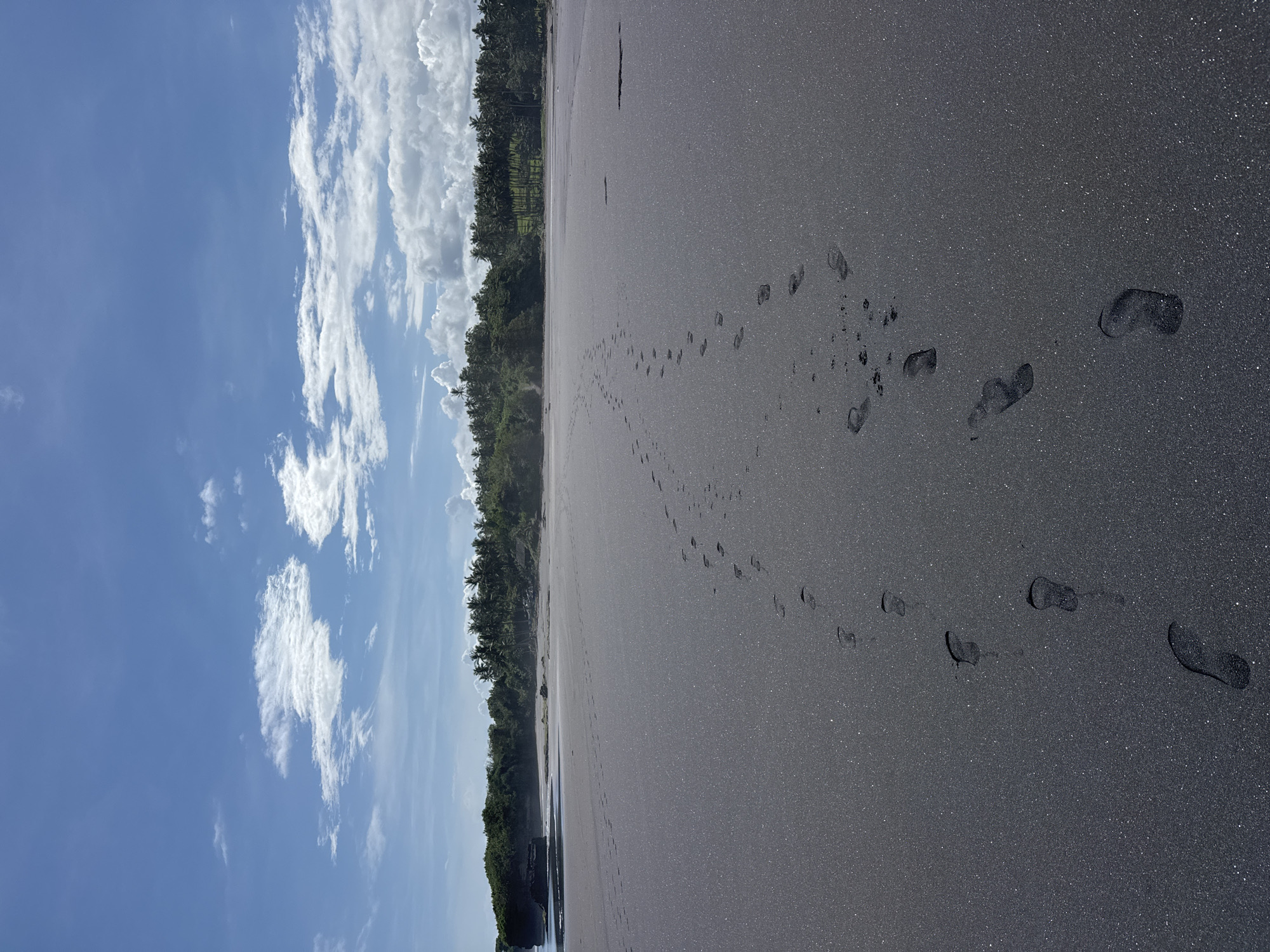 The image shows a black sand beach in Selemadeg Timur, Indonesia. The beach stretches horizontally across the frame, with a line of trees separating it from a blue sky with scattered white clouds. Footprints are visible in the sand, leading away from the viewer. The beach appears deserted except for the footprints.