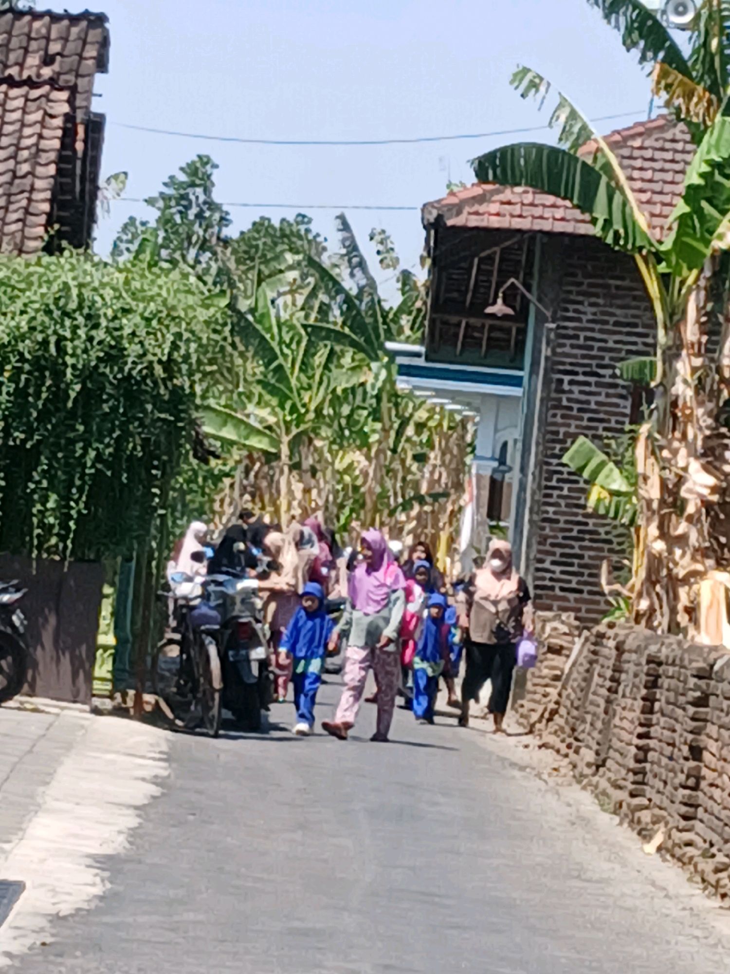 In Bogem, Indonesia, on a sunny day, a group of people are walking down a paved road lined with brick walls and lush vegetation, including banana trees. Several individuals are wearing hijabs, and some children are dressed in bright blue uniforms. A motorcycle is parked on the left side of the road. The scene appears to be a community gathering or procession, with people walking together. The architecture includes traditional Indonesian houses with tiled roofs.