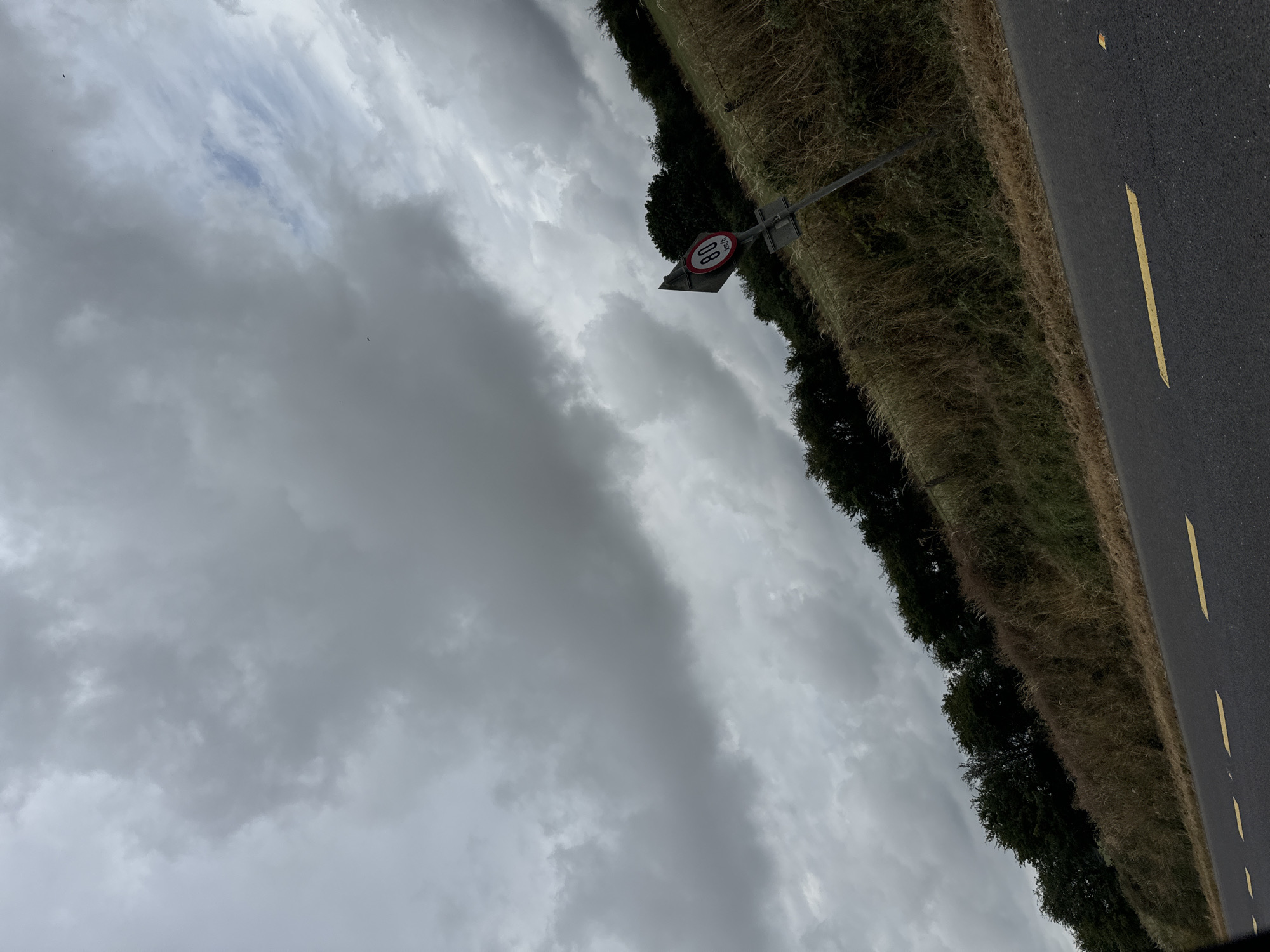 The image shows a rural road in Ireland with a speed limit sign of 80 km/h. The sky is overcast with heavy clouds. The road is asphalt with yellow lane markings. To the right of the road, there is a grassy embankment with dry grass and some trees in the distance. The scene appears to be a roadside view on a cloudy day.