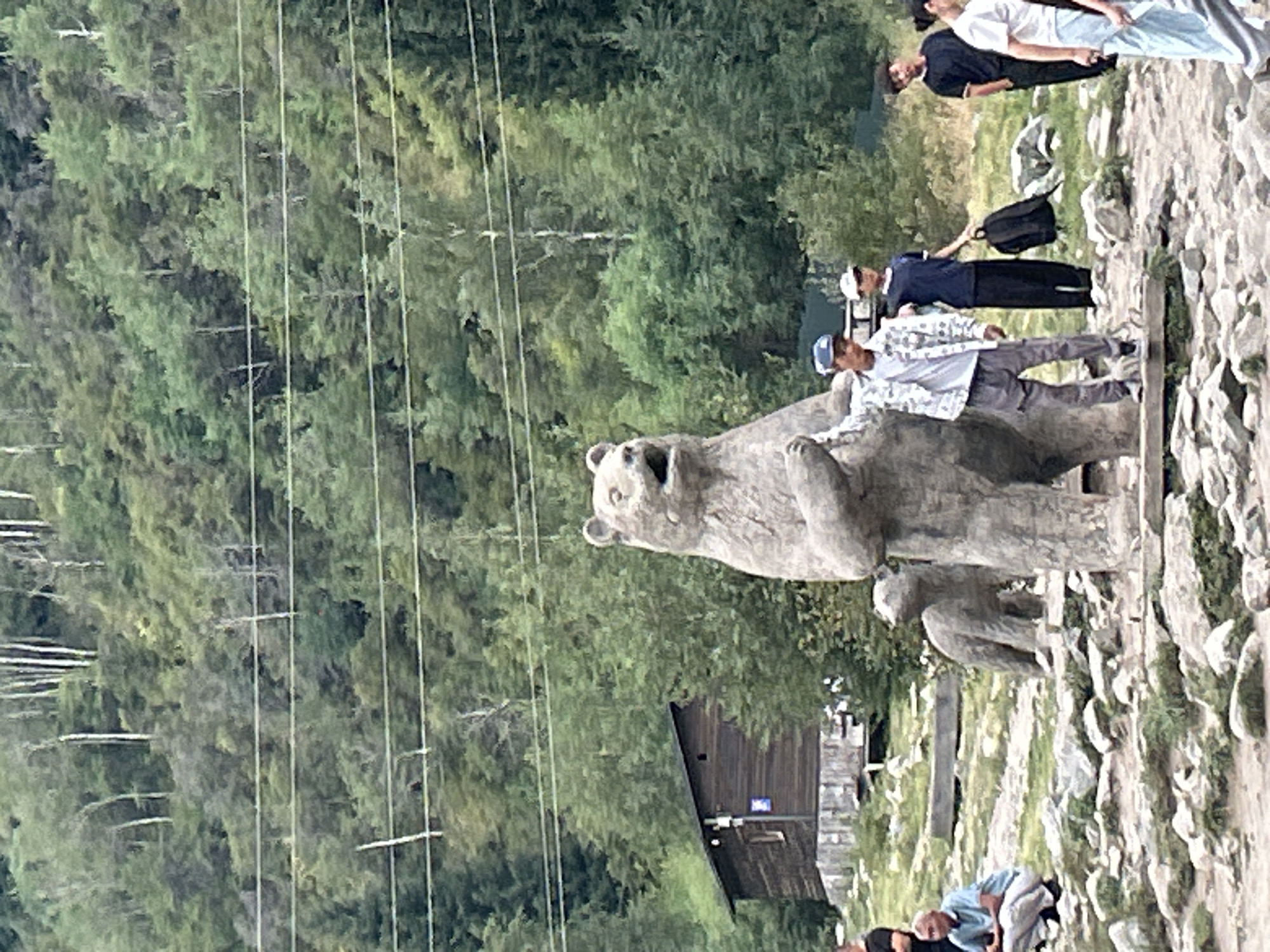 An outdoor, low-angle medium shot shows a concrete sculpture of a bear with its mouth open, standing upright, in Almaty, Kazakhstan. The bear sculpture is in the foreground, with a smaller bear sculpture to its left. A young man wearing a white and blue patterned jacket, gray pants, and a blue baseball cap stands in front of the large bear sculpture, looking to his right. Behind him, two other young men are visible: one in a blue shirt and black pants holding a black backpack, and another in a black shirt and black pants looking to his left. Further to the right, a young woman in a white t-shirt and light blue pants is partially visible. In the background, a rustic wooden building with a dark roof is situated among trees. The environment is rocky and uneven, with sparse green vegetation. A hillside covered in dense green trees rises behind the building and sculptures. Several power lines are strung across the frame in the middle ground.