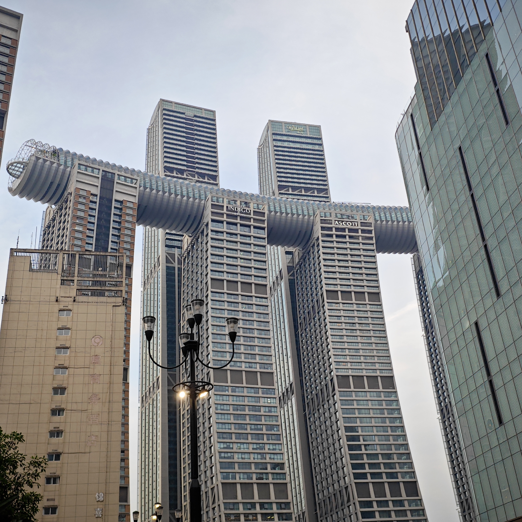 The image presents a low-angle view of Raffles City Chongqing, a complex in Yuzhong District, China. The complex consists of several high-rise towers of various designs.
The most prominent aspect is a large, cylindrical structure that connects two of the towers mid-height, featuring a series of curved segments and an open framework at its end. The towers feature windows and the names "HOTEL INDIGO BY IHG" and "ASCOTT" are visible on some of them.
To the left, a tan-colored building is visible, with vertical inscriptions in Chinese characters. A streetlamp stands in the foreground, partially obscuring the view. The sky is overcast. The perspective emphasizes the height and architectural design of the buildings. A modern building with green glass panels sits at the right of the frame.