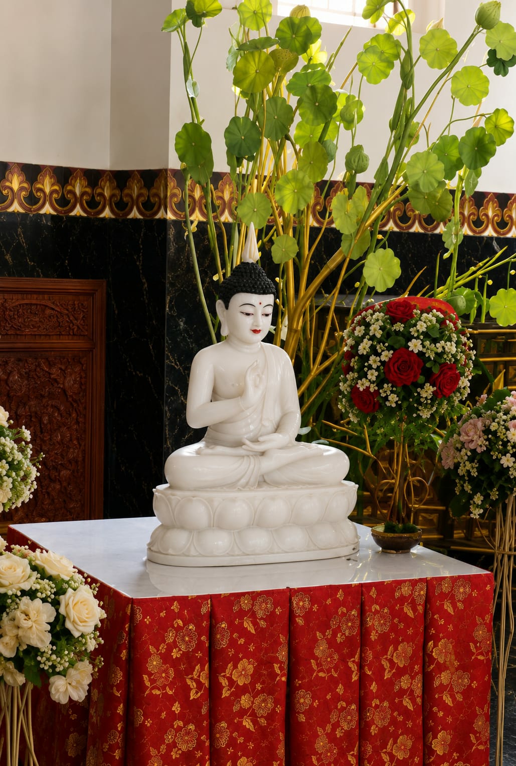 A white marble statue of Buddha is seated in a meditative pose on a lotus pedestal. The Buddha statue is positioned on a white marble table covered with a red cloth adorned with gold floral patterns. Behind the statue, a large arrangement of green lotus leaves on long stems extends upwards, with some lotus seed pods visible. To the right of the Buddha statue, there are two large floral arrangements. The one closer to the Buddha is a spherical bouquet primarily composed of red roses and small white flowers, while the one further to the right contains pink and white flowers. To the left of the Buddha statue, a bouquet of white roses is partially visible. The background consists of a black wall with a decorative border featuring a gold and dark red repeating pattern. To the left of the background, a portion of a carved wooden panel is visible. The scene appears to be an indoor setting, possibly a temple or ceremonial space. The lighting is soft, suggesting an ambient light source, possibly from a window or diffused indoor lighting. The image captures a static, solemn scene, focusing on the religious iconography and decorative elements. The location is specified as Dolat Rayat, Indonesia.