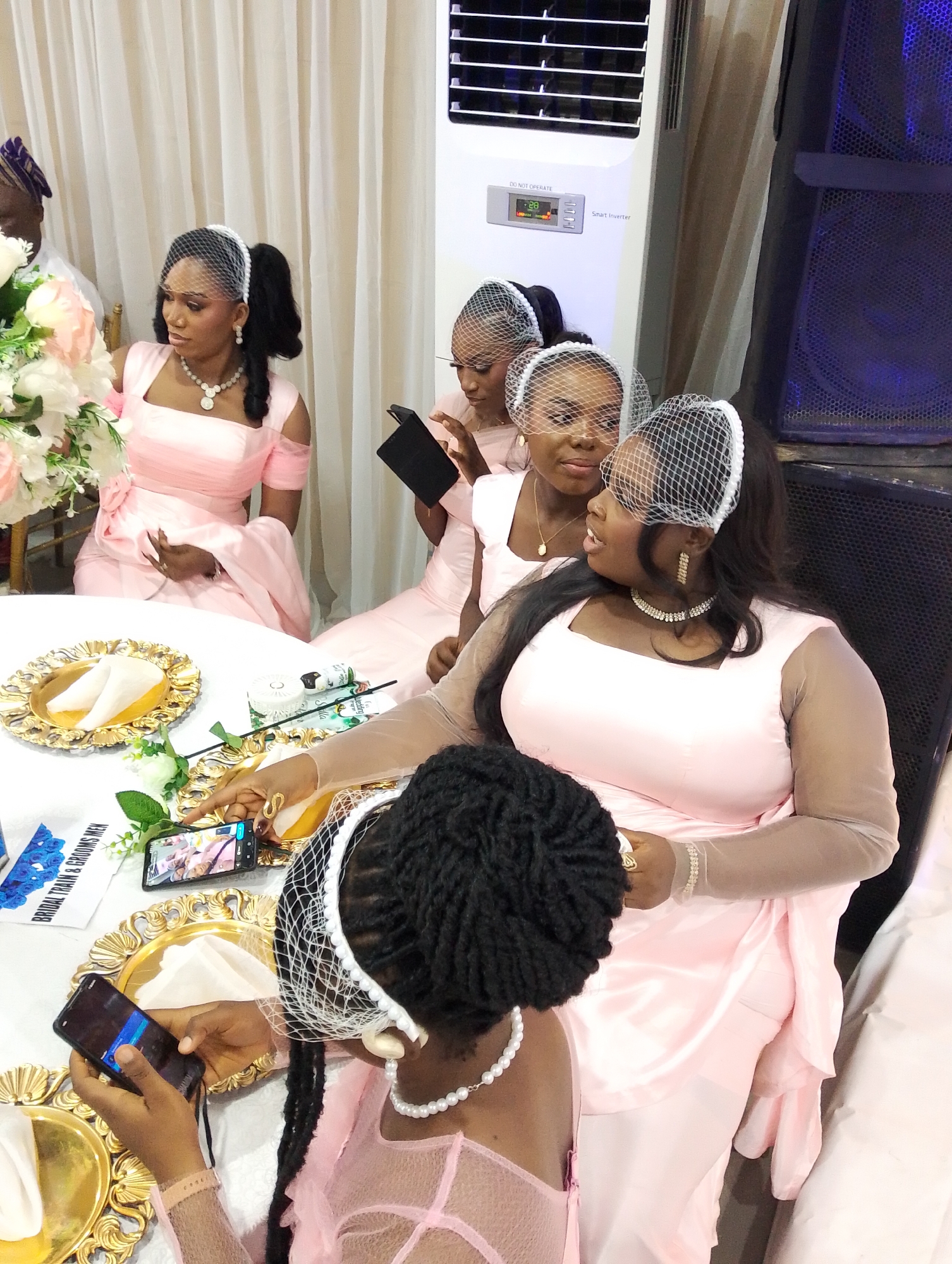 The image shows a group of women dressed in similar pink dresses and white veils seated around a table. The women appear to be attending a wedding or similar formal event. They are wearing necklaces and earrings, indicating attention to detail in their attire. One woman is holding a phone, and another has a tablet. The table is decorated with gold-colored plates and napkins. A floral arrangement is present on the table. A sign is visible with the text "BRIDAL TRAIN & GROOMS MEN". An air conditioning unit can be seen in the background. The event is taking place indoors. The city of Kubwa, Nigeria is not discernable in the image.