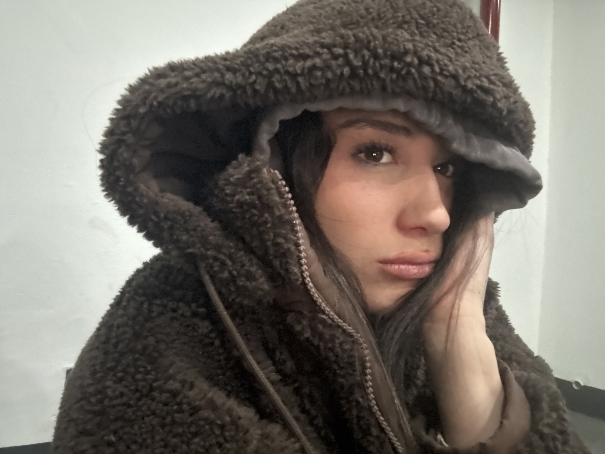 A young woman is seen from the chest up wearing a brown, textured hoodie with the hood up. She is holding her face with her right hand, her expression is neutral or slightly sad. The background is a plain, off-white wall, possibly indoors. There is no clear indication of the location being Buenos Aires, Argentina.