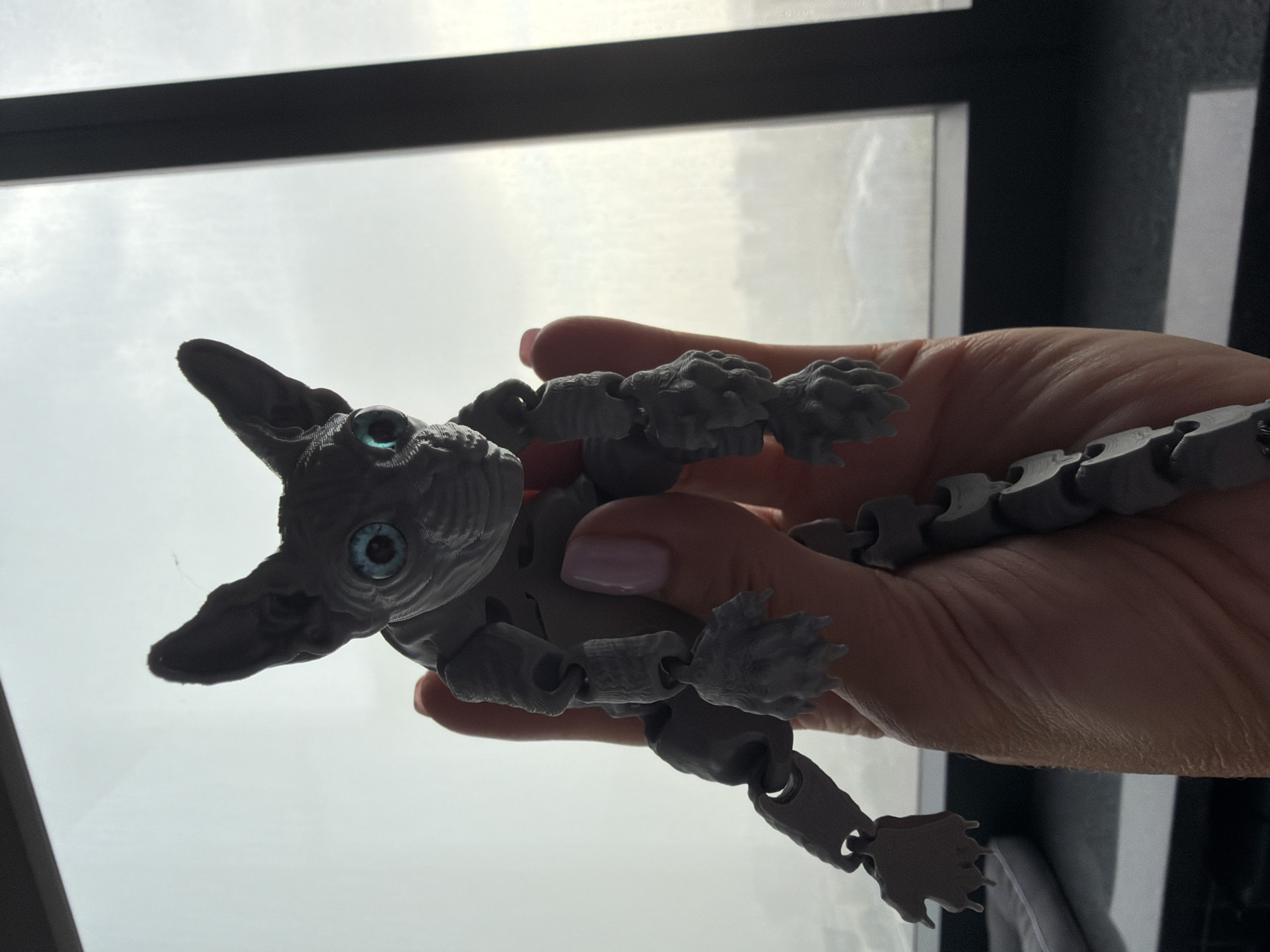 A close-up, indoor, eye-level shot shows a person's hand holding a grey, articulated toy resembling a sphynx cat. The toy has large, blue eyes and is positioned in the center of the frame, held between the thumb and fingers. The background consists of a window with a hazy, overcast sky visible outside. The scene takes place in Moscow, Russia.
