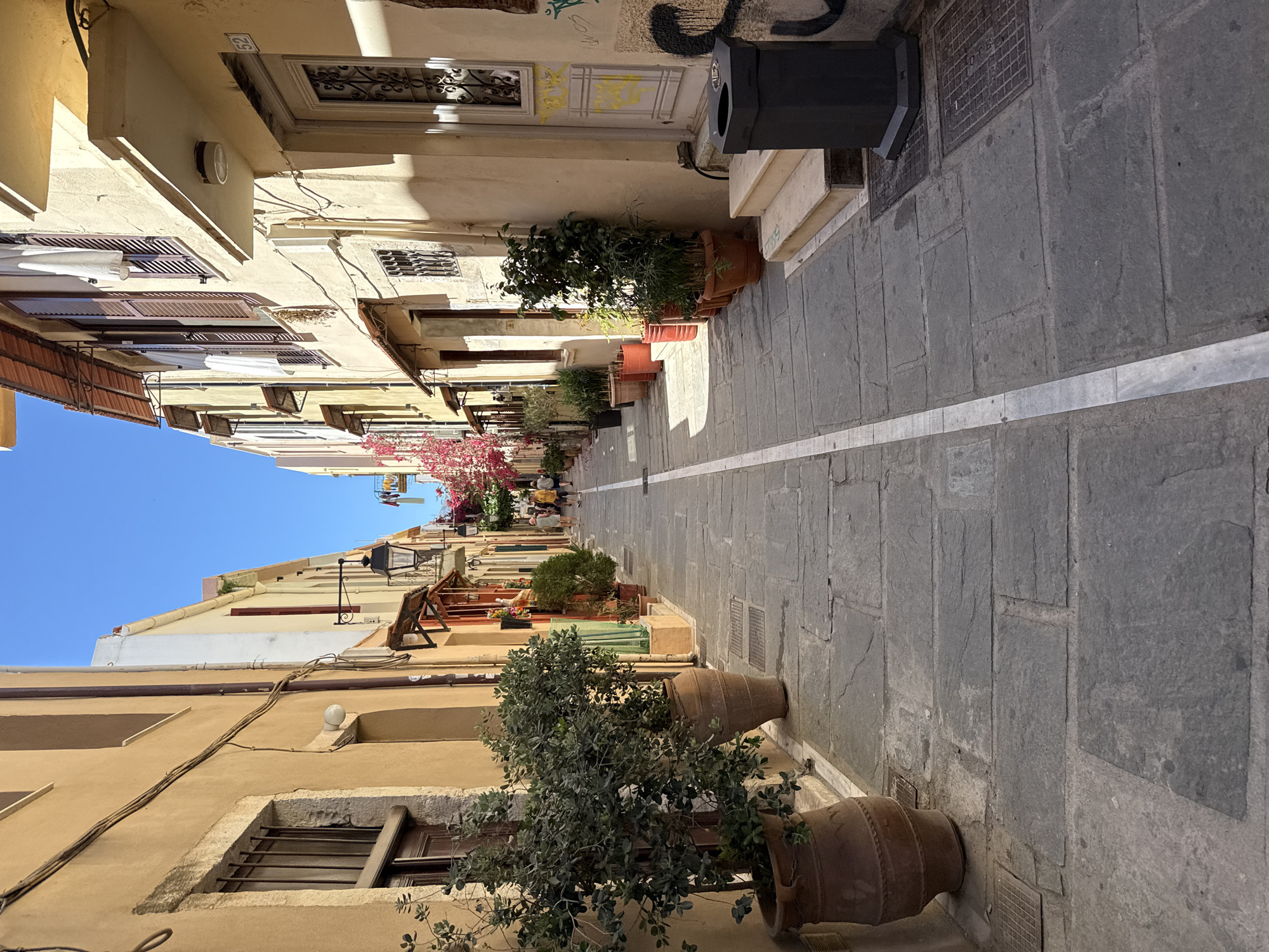 The image depicts a narrow, sun-drenched street in Rethymno, Greece, with traditional architecture and potted plants lining the walkway. The buildings on either side are multi-story structures with cream and ochre colored facades, featuring wooden shutters and balconies. The street is paved with large, grey stone slabs, bisected by a white painted line down the center.
On the left side of the street, large terracotta pots contain lush green plants and trees. Further down the street, more potted plants and greenery are visible, some with vibrant pink flowers. Several people are walking in the distance, casually dressed, suggesting a relaxed, daytime atmosphere.
On the right side of the street, a building with a light-colored facade has a white door with an ornate metal grate and the number "52" above it. A black outdoor trash receptacle with an ashtray is situated on a small set of steps leading up to the doorway. Graffiti is visible on the wall next to the trash can. The overall impression is of a charming, pedestrian-friendly street in an old European town.