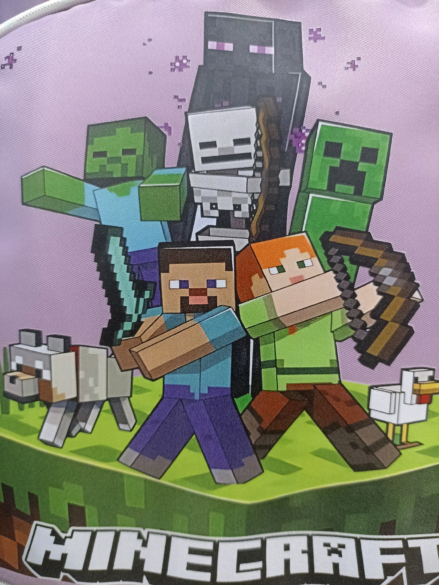 The media file is an image featuring characters from the video game Minecraft. The subjects include several iconic Minecraft mobs and player characters: a Zombie, an Enderman, a Creeper, a Skeleton, Steve, and Alex. Steve is depicted holding a diamond sword, and Alex is shown with a bow and arrow. There are also smaller creatures, a wolf and a chicken, present in the scene. The background is a light purple, speckled with small pixelated purple shapes, suggesting an in-game sky or mystical element. The foreground depicts a grassy terrain, typical of the Minecraft game world. The overall scene appears to be a posed illustration, showcasing the characters together.
There is no specific activity or event taking place; the characters are presented in a static, illustrative arrangement. The time of day and weather are not discernible, as the setting is stylized and not meant to represent a realistic environment. The location cues are exclusively related to the Minecraft game universe. The characters' expressions are neutral, as is characteristic of their pixelated designs.
The image also contains prominent text at the bottom, reading "MINECRAFT" in large, blocky, white letters with a black outline, reinforcing the theme of the image. The media file appears to be a print on a fabric item, possibly a bag or backpack, given the texture visible in the background.