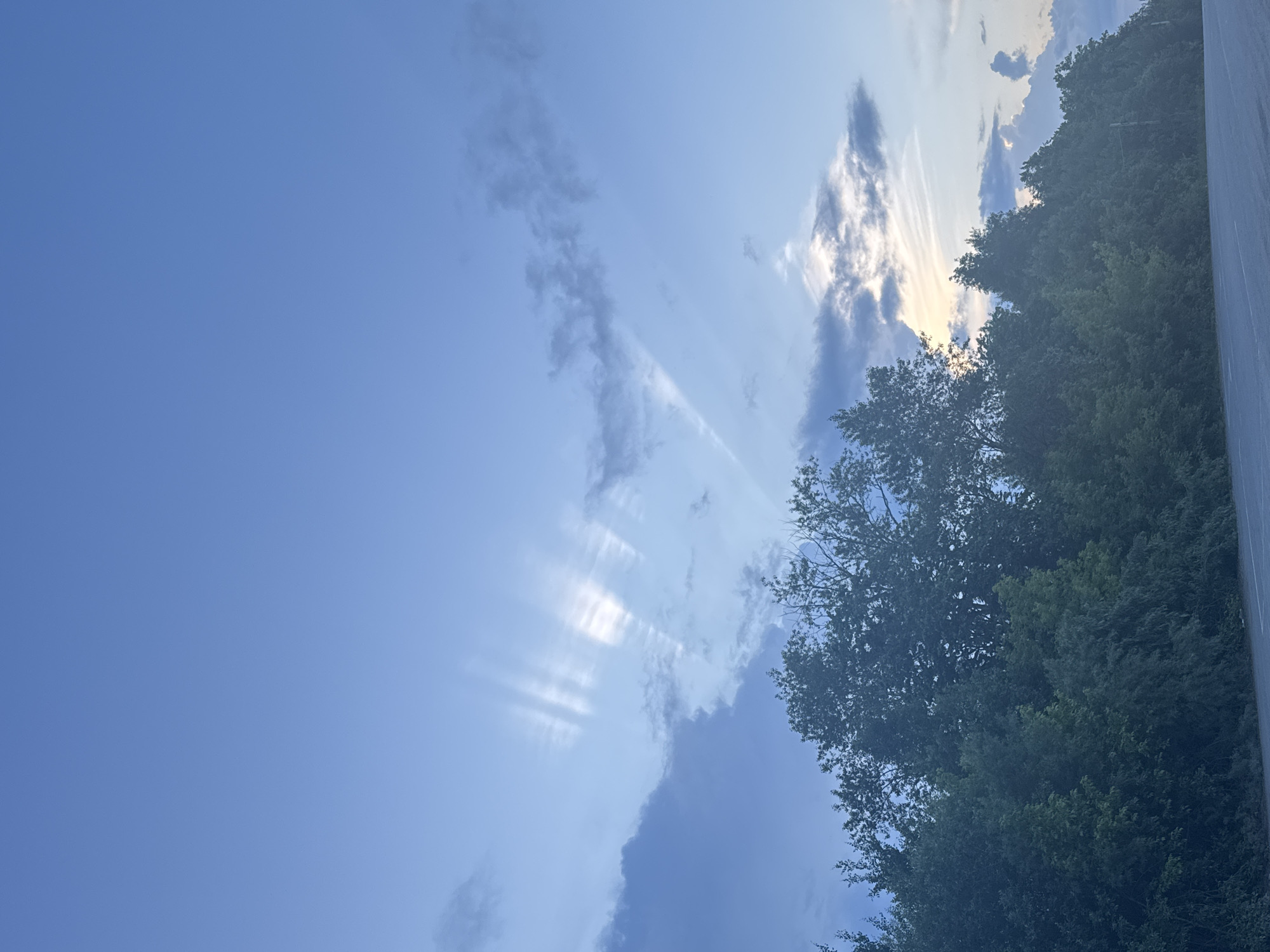 The image shows a scenic view of the sky above a line of trees. The sky is a pale blue with some wispy clouds, and the sun is partially obscured, creating crepuscular rays that fan out across the sky. A dark green line of trees forms the lower edge of the image, with a paved road visible in the foreground. The scene appears to be captured during twilight, given the soft lighting and the appearance of the sky. There are no people or animals visible in the image, nor any specific urban features that would definitively place it in Perm, Russia, or any other city.
