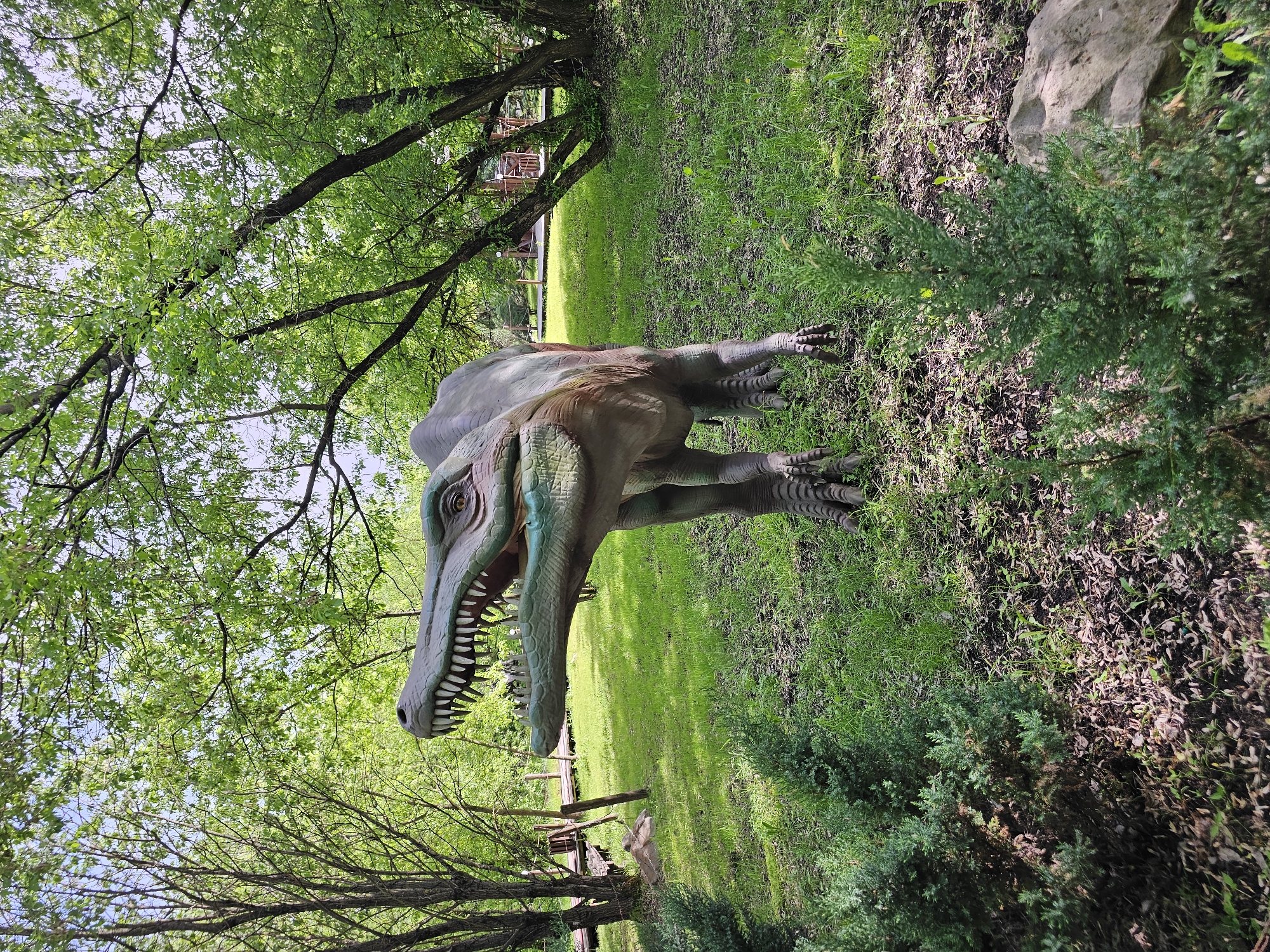 The image shows a life-size model of a Baryonyx dinosaur standing in a grassy area. The Baryonyx is primarily greenish-gray with a long snout filled with teeth. It has a light brown crest on its neck. The dinosaur is positioned near a grove of trees. A wooden structure, possibly a building, can be seen in the background between the trees. The setting is outdoors with a mix of sunlight and shade. The image was taken in Khimki, Russia.