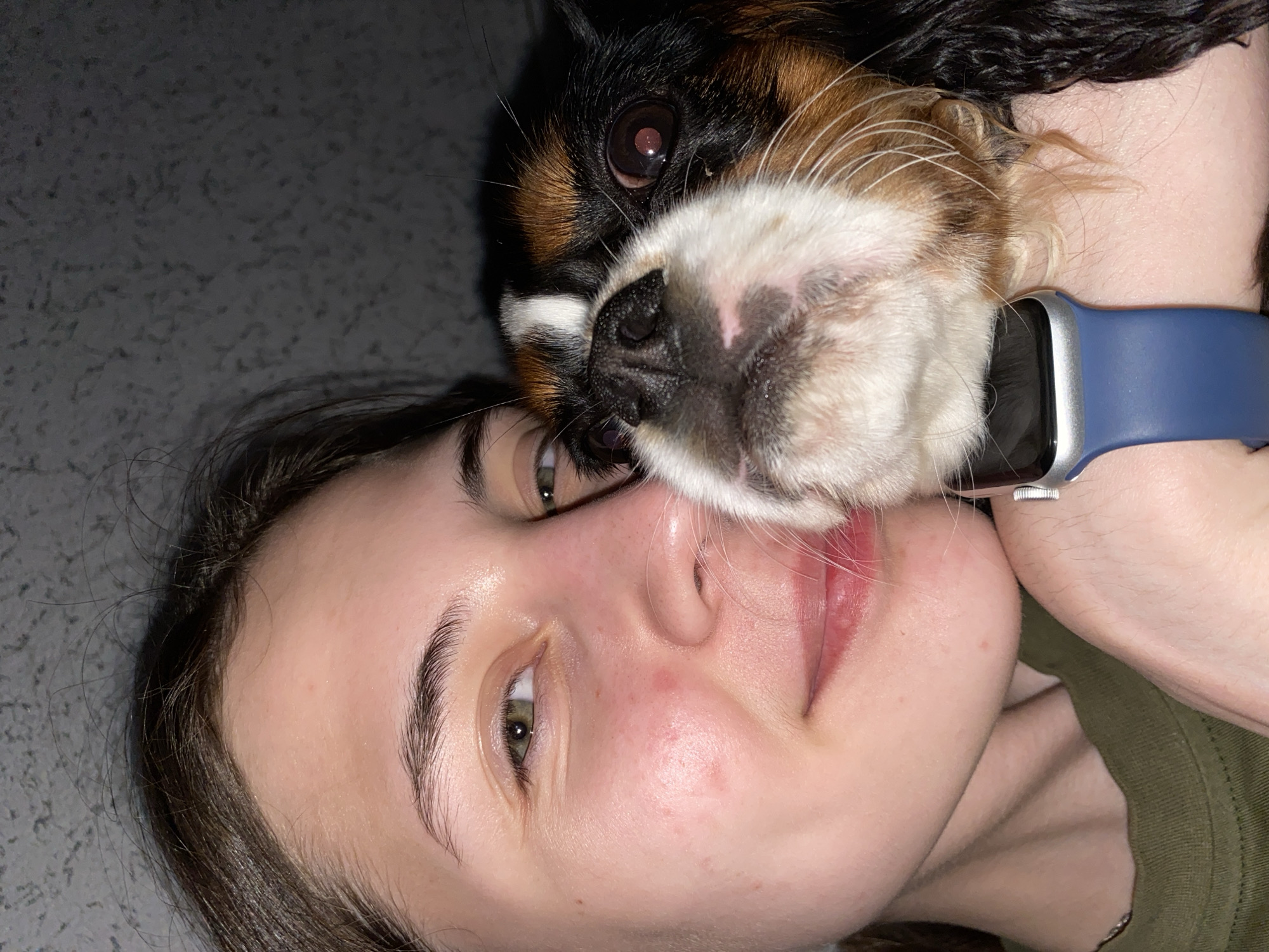 A close-up, slightly tilted image shows a person and a dog. The person, presumably a young woman, has fair skin, green eyes, and dark brown hair. The dog, a Cavalier King Charles Spaniel, has tri-color fur (black, brown, and white) and is positioned above the woman's face, its nose close to her cheek. The woman is wearing a dark green shirt. A blue smartwatch is visible near the dog's neck. The background appears to be a mottled grey wall. There is no clear indication that the image was taken in Votkinsk, Russia.