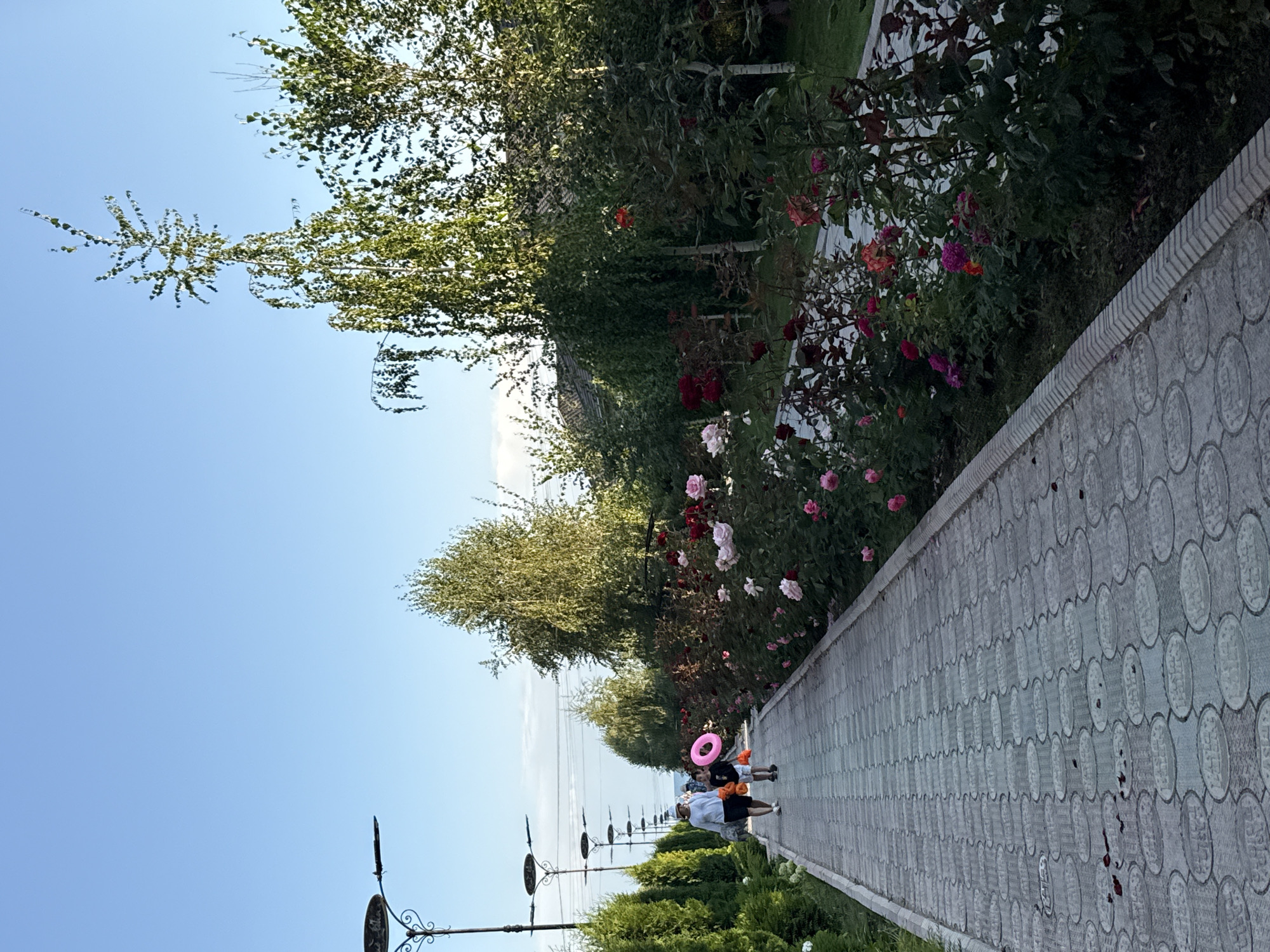 In Sary-Oy, Kyrgyzstan, a concrete pathway stretches into the distance, flanked by manicured hedges on the left and a vibrant rose garden on the right. Two individuals, a woman and a child, walk along the path towards the camera. The woman, on the left, wears a white shirt and dark shorts, while the child, on the right, is dressed in a dark shirt and shorts and carries a bright pink inflatable ring. Multiple lampposts with decorative tops line the left side of the pathway. The sky above is clear and blue, with a few wispy clouds. Tall trees, some with a birch-like appearance, are visible behind the rose bushes, contributing to the lush, park-like setting. The overall scene depicts a serene outdoor environment, likely a public park or garden area.