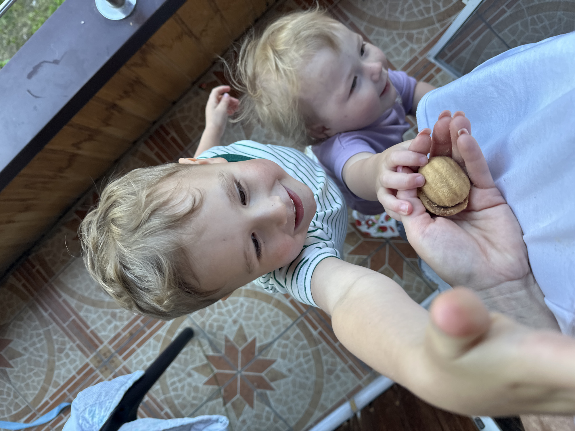 Two young children, likely toddlers, are the primary subjects of the image. The child in the foreground is wearing a striped shirt and has blond hair. The other child, positioned slightly behind, has light blond hair and wears a purple shirt. The child in the foreground is looking up and appears to be reaching. Another arm and hand enter the frame, holding a small, round pastry or cookie. The children seem to be interacting with the hand and the pastry.
The scene is set on what appears to be a tiled patio or balcony, with a table covered with a white cloth in the background. A portion of a dark-colored railing is visible at the top of the frame. The image is taken from a high angle, looking down at the subjects.
Without additional context, it is impossible to verify if the location is Nizhny Novgorod, Russia.