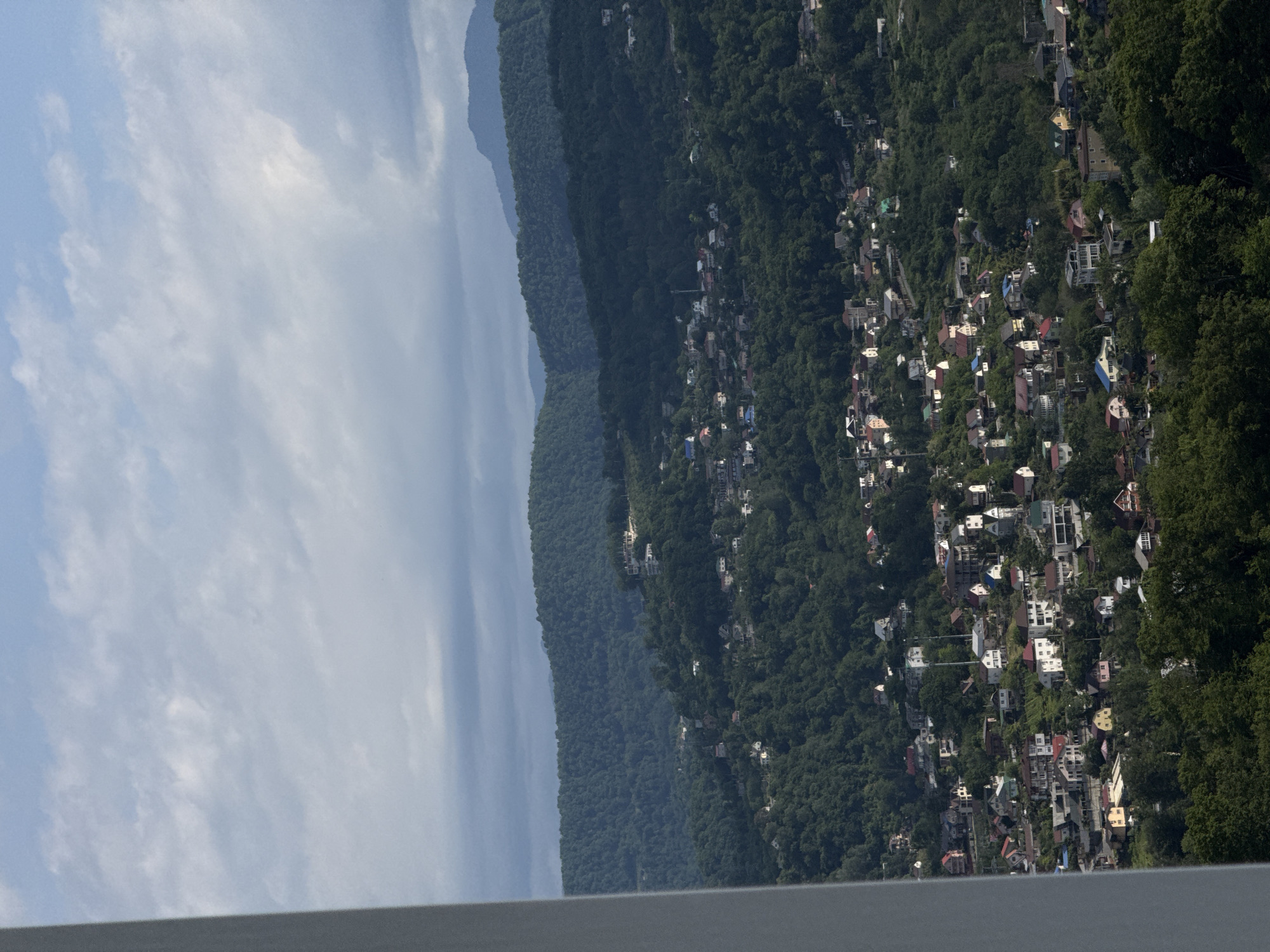 A view of Sochi, Russia, presents a dense concentration of houses interspersed among lush green trees on the hillside. The structures appear varied in style and color, nestled amidst the dense vegetation. In the backdrop, a range of mountains stretches into the distance under a partly cloudy sky. A structure, possibly a bridge or balcony, is visible in the foreground.