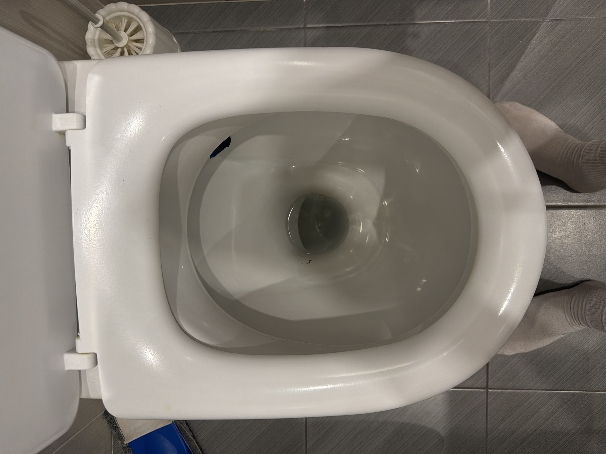 This image shows a top-down view of a white toilet bowl in a bathroom. The toilet seat is up, and the lid is partially open. A toilet brush in a white holder is visible to the right of the toilet. The floor is tiled with gray tiles. Two feet wearing gray socks are visible at the bottom of the frame, positioned on the floor in front of the toilet. The overall scene suggests a typical bathroom environment. The provided image does not contain any information that would allow for the determination of its location within the city of Barnaul, Russia.