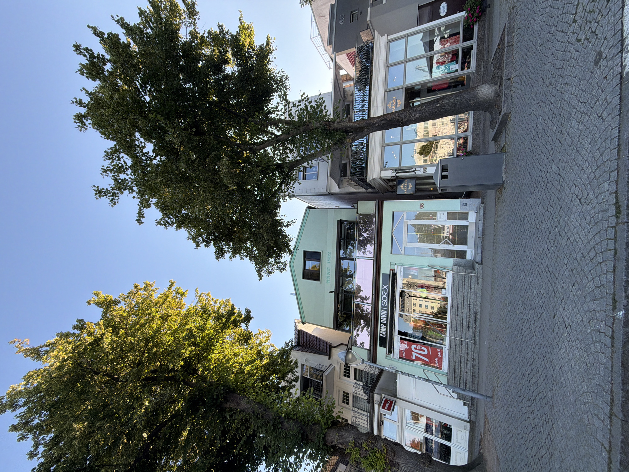 The image shows a street scene with buildings and trees in Rostock, Germany. The foreground is dominated by a cobblestone street. Several trees with green foliage are present, with one large tree on the left and another on the right.
The buildings appear to be commercial establishments. The building in the center is painted light green and has large glass windows. A sign above the windows reads "CAMP DAVID SOEX". A "70% FINAL SALE" sign is visible in the window of this building. The building to the right of it is grey and also has large glass windows, with a sign visible that says "SARAZUL". Numbered signs "98" and "99" are visible on the facades of the buildings to the left and right respectively, indicating shop numbers.
In the background, more buildings are visible, including one with a balcony. The sky is clear and blue. The overall impression is a sunny day in a European city, likely a commercial area.
