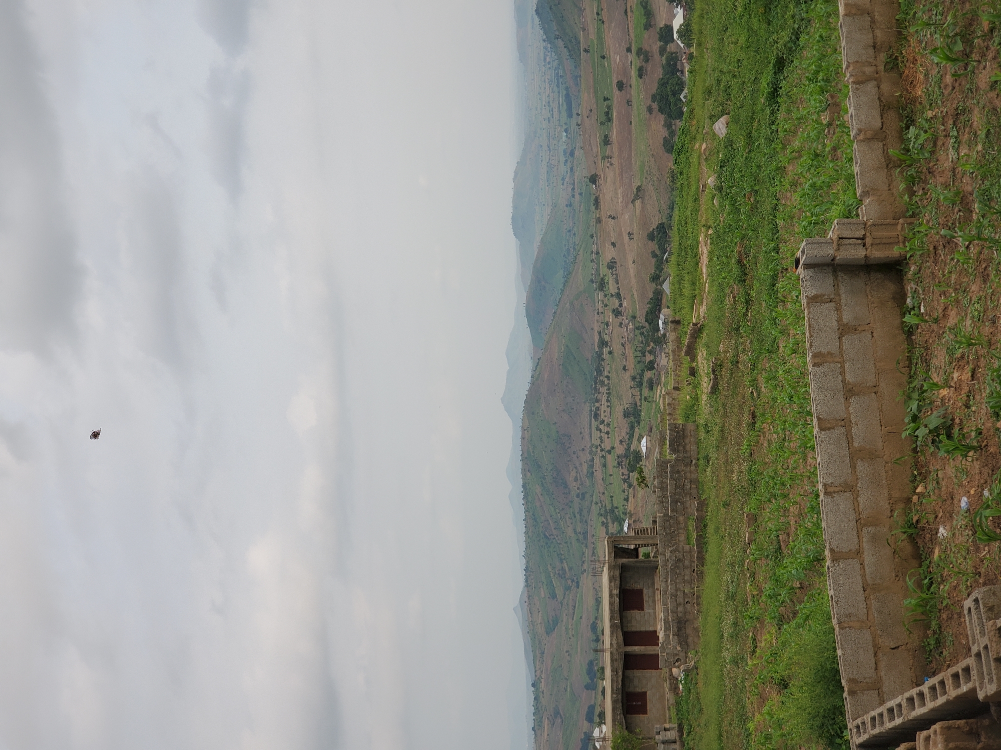 In the city of Suleja, Nigeria, a panoramic view captures a sprawling landscape under a cloudy sky. In the foreground, unfinished cinder block walls delineate a construction site with young green plants growing around the foundation. A partially constructed building with visible windows and doors stands to the left. In the mid-ground, rolling hills dotted with trees and scattered houses stretch into the distance. A kite, small and colorful, is visible flying high in the overcast sky. The scene suggests a developing area with a blend of rural and urban elements.
