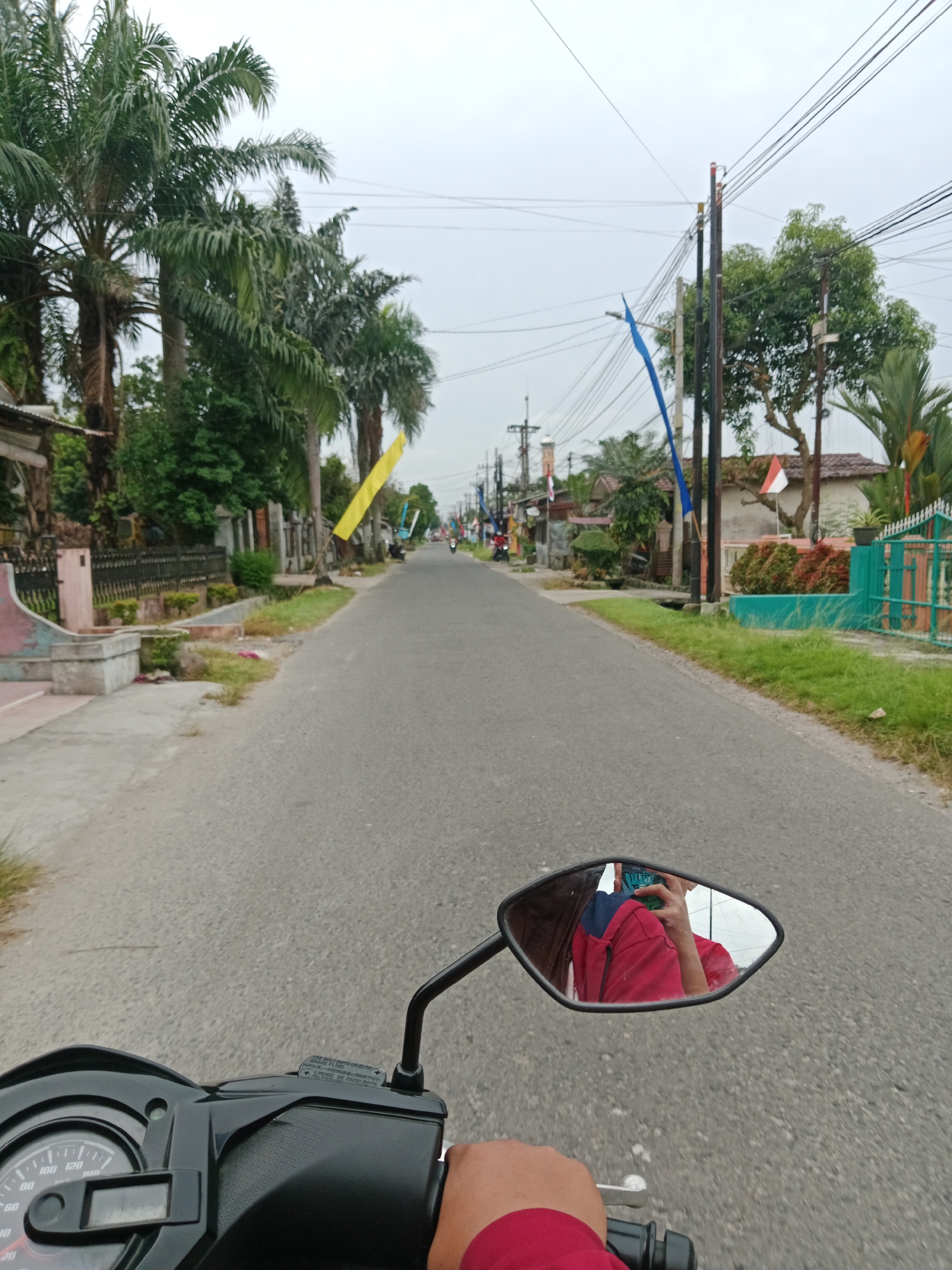 This is a first-person perspective image of someone riding a motorcycle down a paved road in the city of Binjai, Indonesia. The road is lined with palm trees and various houses and fences on either side. There are several flags visible, including blue and yellow flags. The sky is overcast. In the motorcycle's side mirror, the rider is visible wearing a red shirt and holding up a green object, likely a phone, to take the photo. The motorcycle's dashboard is also visible in the foreground.