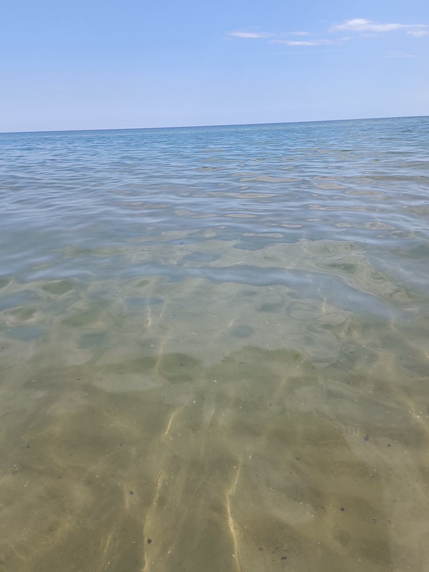 The image shows a tranquil scene at the sea in Zatoka, Ukraine. The sky is a clear, pale blue with a few wispy white clouds scattered across the horizon. The sea is calm, with gentle ripples disturbing the surface of the clear, shallow water. Sunlight glints off the water, creating shimmering patterns. The seabed beneath the water is visible and appears to be sandy and light brown, with small dark specks that could be pebbles or shells. The horizon line where the sea meets the sky is sharp and distinct. The overall impression is one of peacefulness and natural beauty.