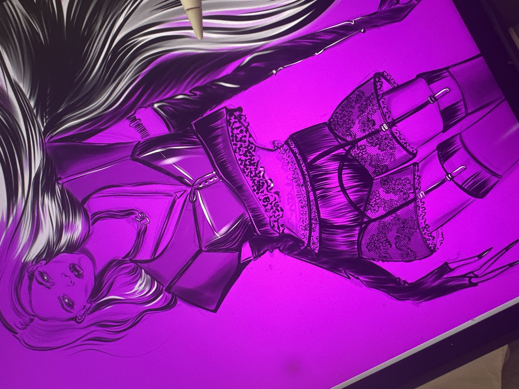 The image is a digital illustration of a woman rendered in shades of purple and black, set against a vibrant purple background. The style is sketch-like, with strong lines and shading. The woman has long, flowing hair with highlights, and her face is depicted with sharp features and bold makeup. She is wearing a revealing outfit consisting of a corset, lacy lingerie, garter straps, and long gloves. Her hands are adorned with long, pointed fingernails. A stylus, possibly used for the digital drawing, is visible in the upper right corner. The image appears to be a close-up or medium shot of the illustration, with no discernible city or environmental context.