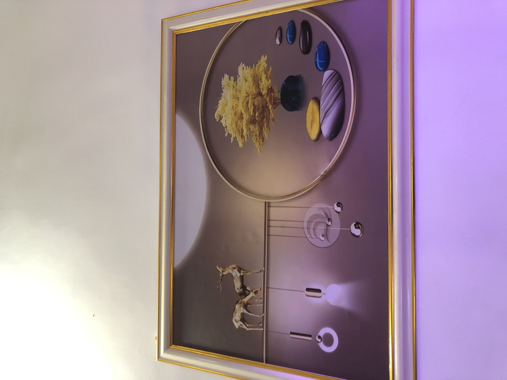 A framed, vertically oriented piece of modern art hangs on a wall. The artwork features a stylized, abstract composition within a white and gold frame.
The upper portion of the artwork is dominated by a large circular element. Inside this circle, a textured, bushy form resembling a yellow tree or plant is centrally placed. Arranged around this form are several smooth, polished, stone-like or gem-like objects: multiple blue ovals, one dark blue, a single yellow oval, and one distinctive grey and white striped oval.
The lower section of the artwork displays two stylized deer-like figures, possibly stags due to visible antlers, depicted in a muted, earthy tone. They stand on a subtle line or platform. Below and to the right of the deer, abstract geometric shapes and lines are present, some resembling musical strings or notation, with glowing circular and oblong elements.
The wall to the left of the frame is an off-white color, illuminated by a warm, yellowish light source from the bottom. The wall to the right of the frame is distinctly lit with a vibrant purple or pink hue, suggesting artificial ambient lighting. The frame itself is layered, with a prominent golden inner edge and lighter outer edges. There is no discernible activity or visible text in the image.