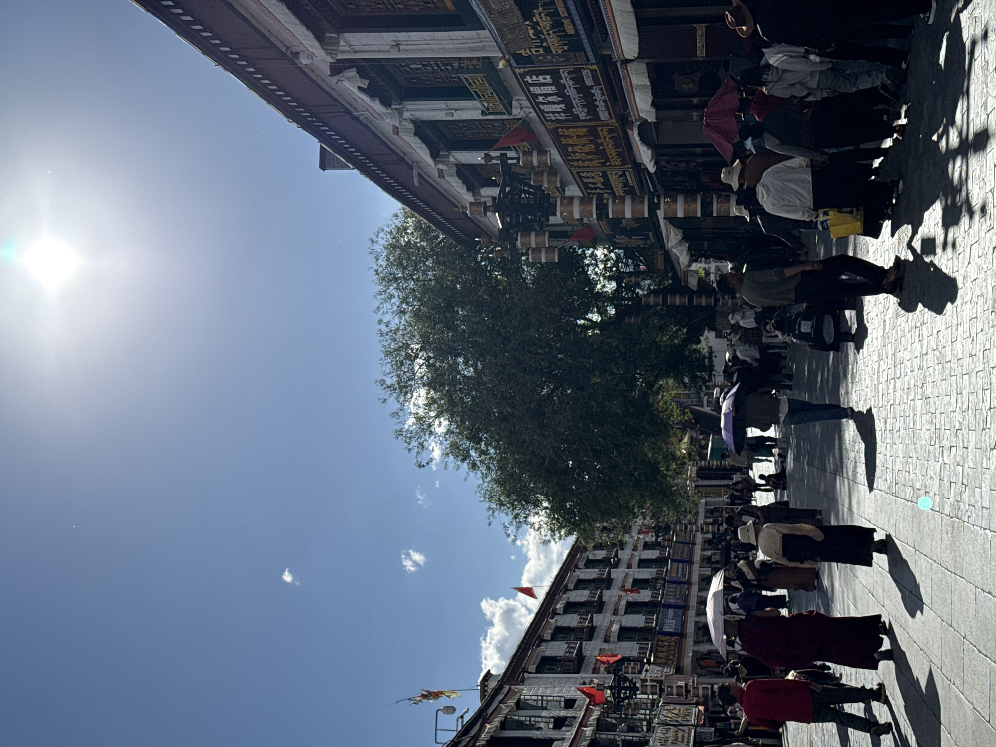 This image captures a vibrant, sunlit street scene in what appears to be a Tibetan cultural area, specifically Chengguan District, China. The perspective is from the street level, looking down a bustling thoroughfare flanked by traditional buildings.
**Subjects & Scene:** Numerous people are visible walking along the paved street, which features light-colored interlocking stones. The crowd consists of a mix of individuals, some wearing traditional maroon robes, possibly monks or devotees, and others dressed in modern casual clothing. Several people carry umbrellas, likely for sun protection. On either side of the street stand multi-story buildings showcasing distinct Tibetan architecture, characterized by ornate wooden balconies, intricate window frames, and decorated facades. The building on the right (when viewing the image in its correct upright orientation) is particularly notable for its many cylindrical prayer wheels mounted along the lower level, interspersed with small red flags. A large, leafy green tree stands prominently in the middle of the scene, its foliage contrasting with the architectural elements.
**Activity or Event:** The primary activity involves people walking and congregating along the street, suggesting a busy daily life, possibly mixed with commercial or religious activities, given the presence of prayer wheels. The overall scene conveys a sense of peaceful movement and cultural immersion.
**Notable details:** The time of day appears to be mid-morning or early afternoon, marked by exceptionally bright sunshine that creates a strong sunflare on the upper left and casts long, distinct shadows of the people and buildings onto the pavement. The sky is a clear blue with a few small white clouds. The traditional architecture, prayer wheels, and cultural attire are strong indicators of the location's unique identity.
**Visible text:** The facades of the buildings are adorned with decorative panels and signs featuring text in a script that strongly resembles Tibetan. While specific words are not decipherable due to the resolution and distance, the presence of this script contributes significantly to the scene's cultural context.