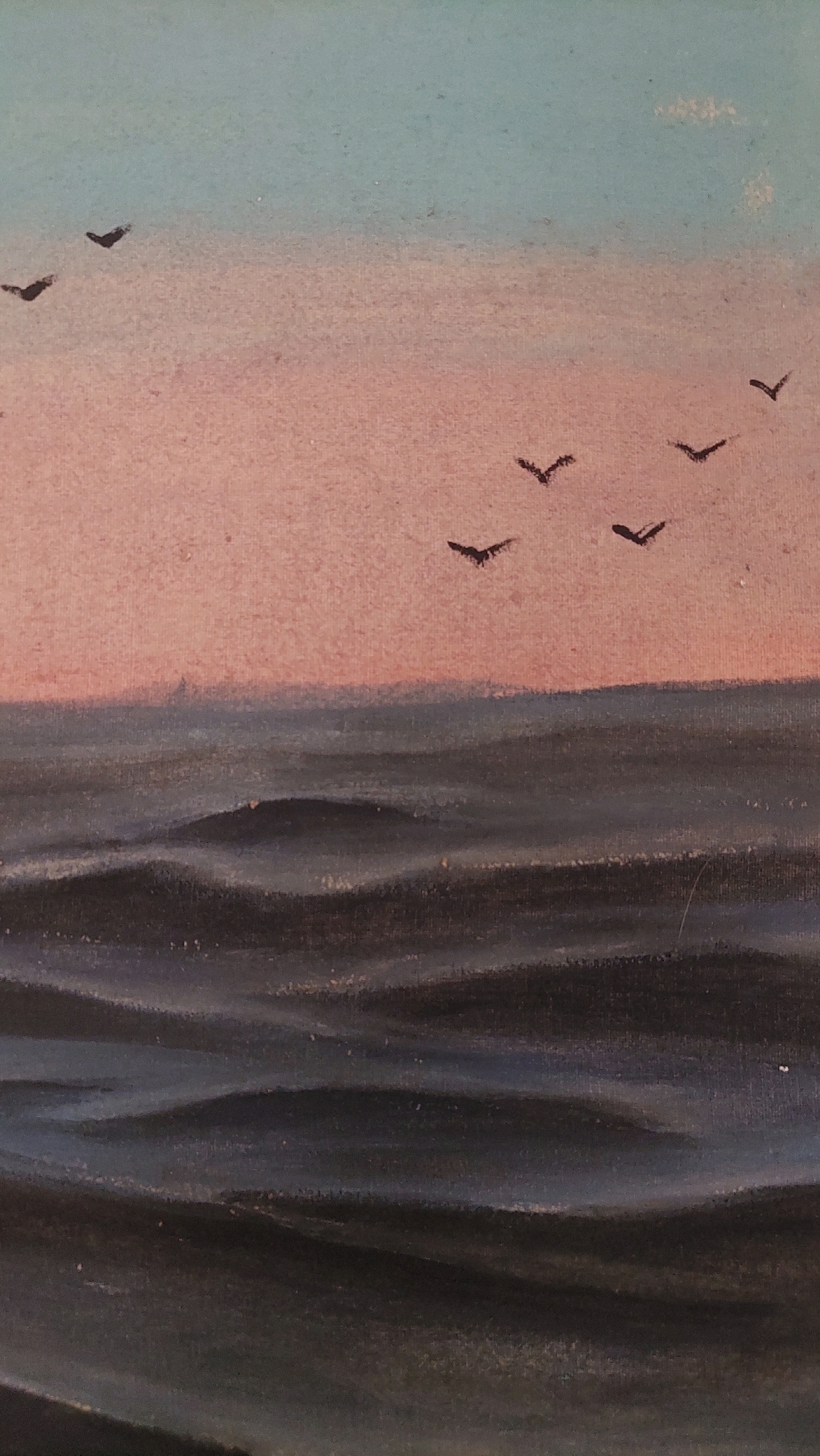 The image is a painting of a body of water with waves under a sky with a pinkish hue and scattered clouds. Silhouettes of birds are depicted flying in the sky. The painting style appears to be oil on canvas. The scene is a natural landscape.